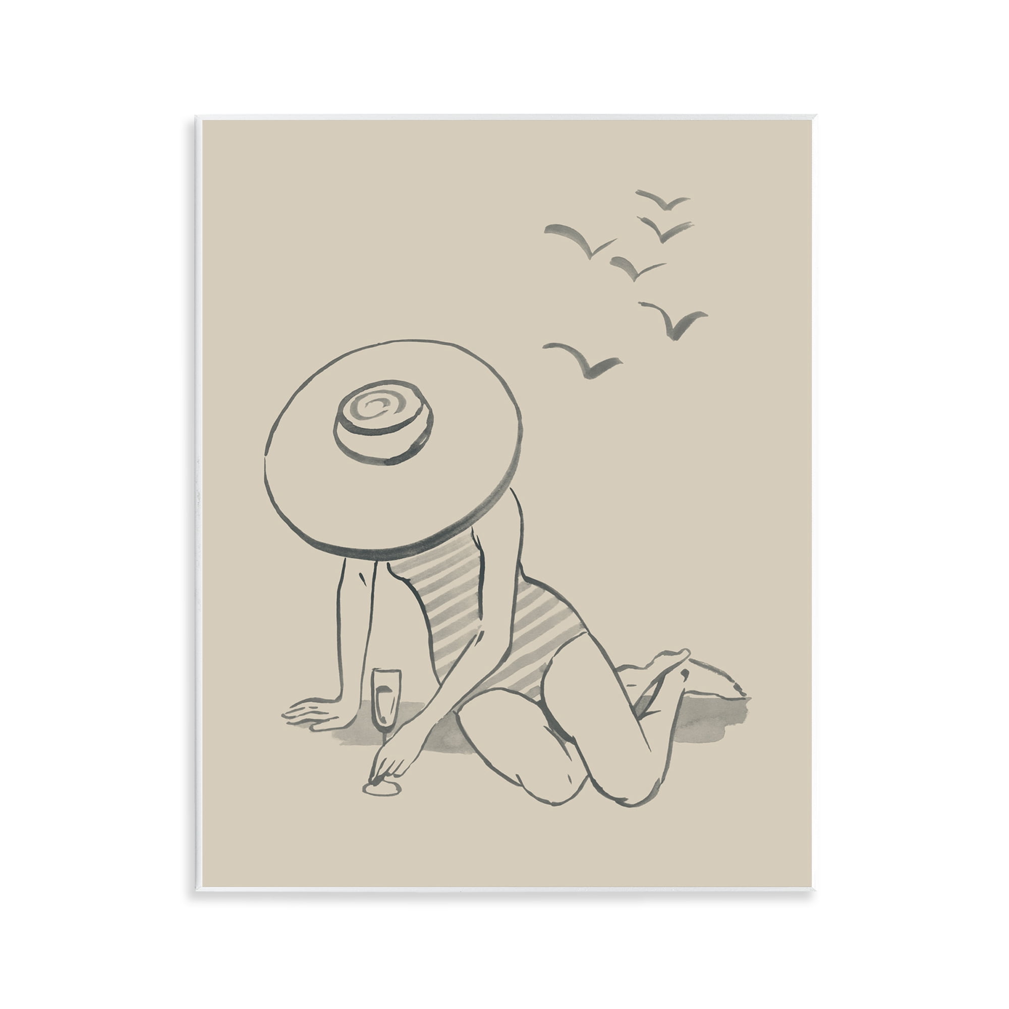 Stupell Industries Girl on Beach Sketch Novelty Drawing Unframed Art Print Wall Art, 11 x 14