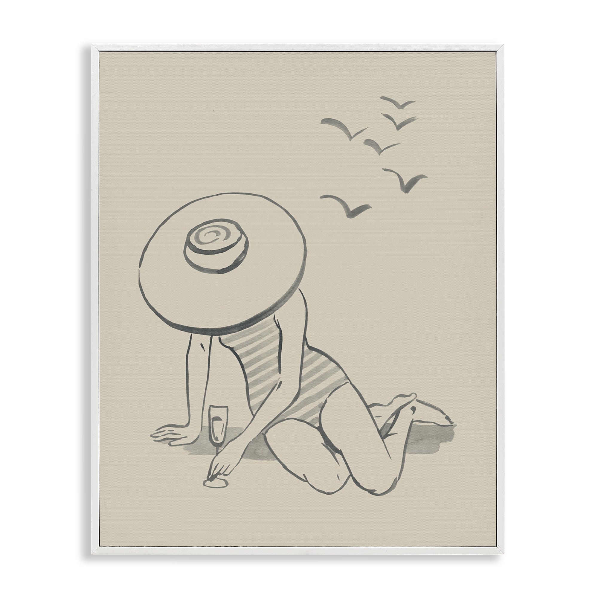 Stupell Industries Girl on Beach Sketch Novelty Drawing White Framed Art Print Wall Art, 24 x 30