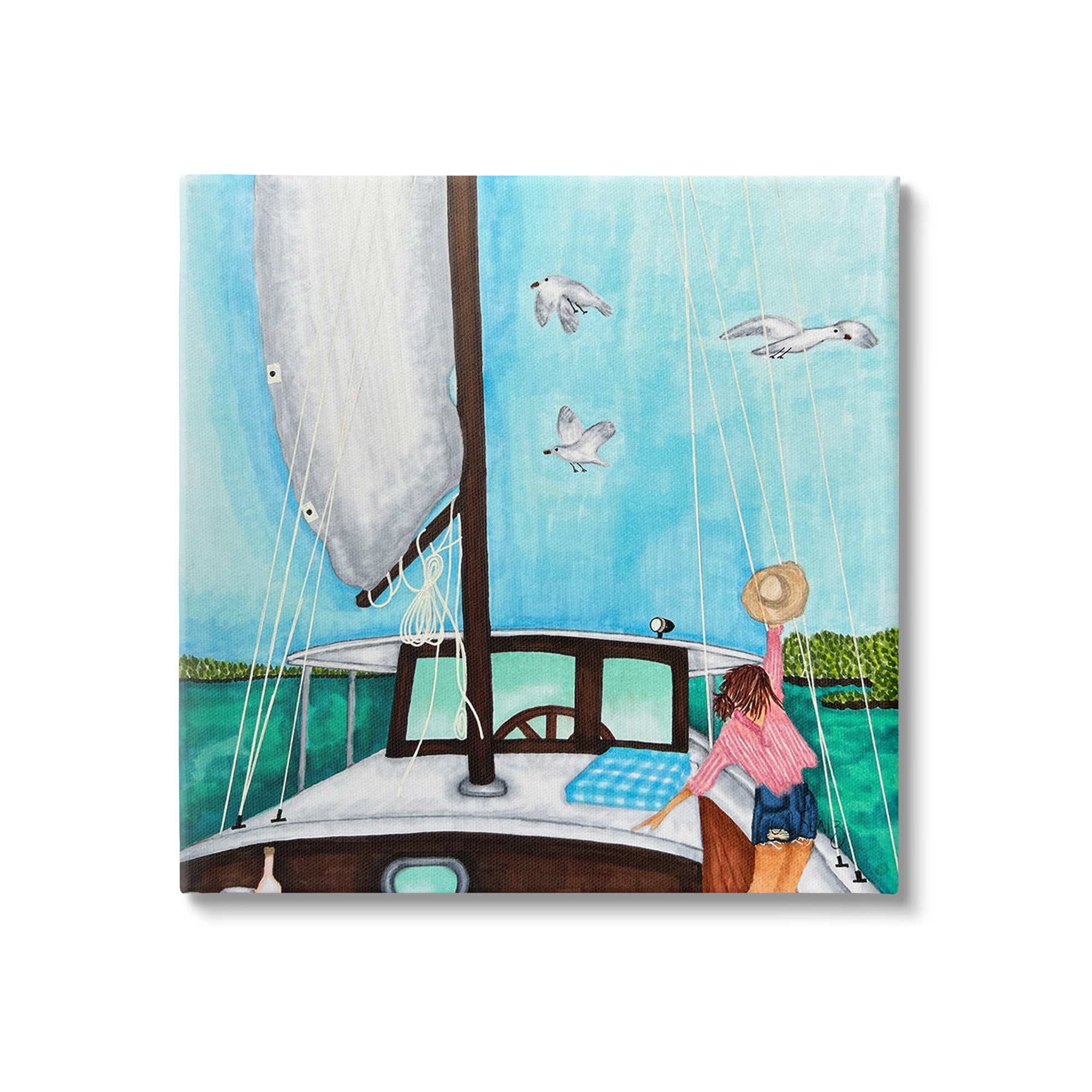 Stupell Industries Girl on Boat Scene Transportation Painting Gallery Wrapped Canvas Art Print Wall Art, 17 x 17