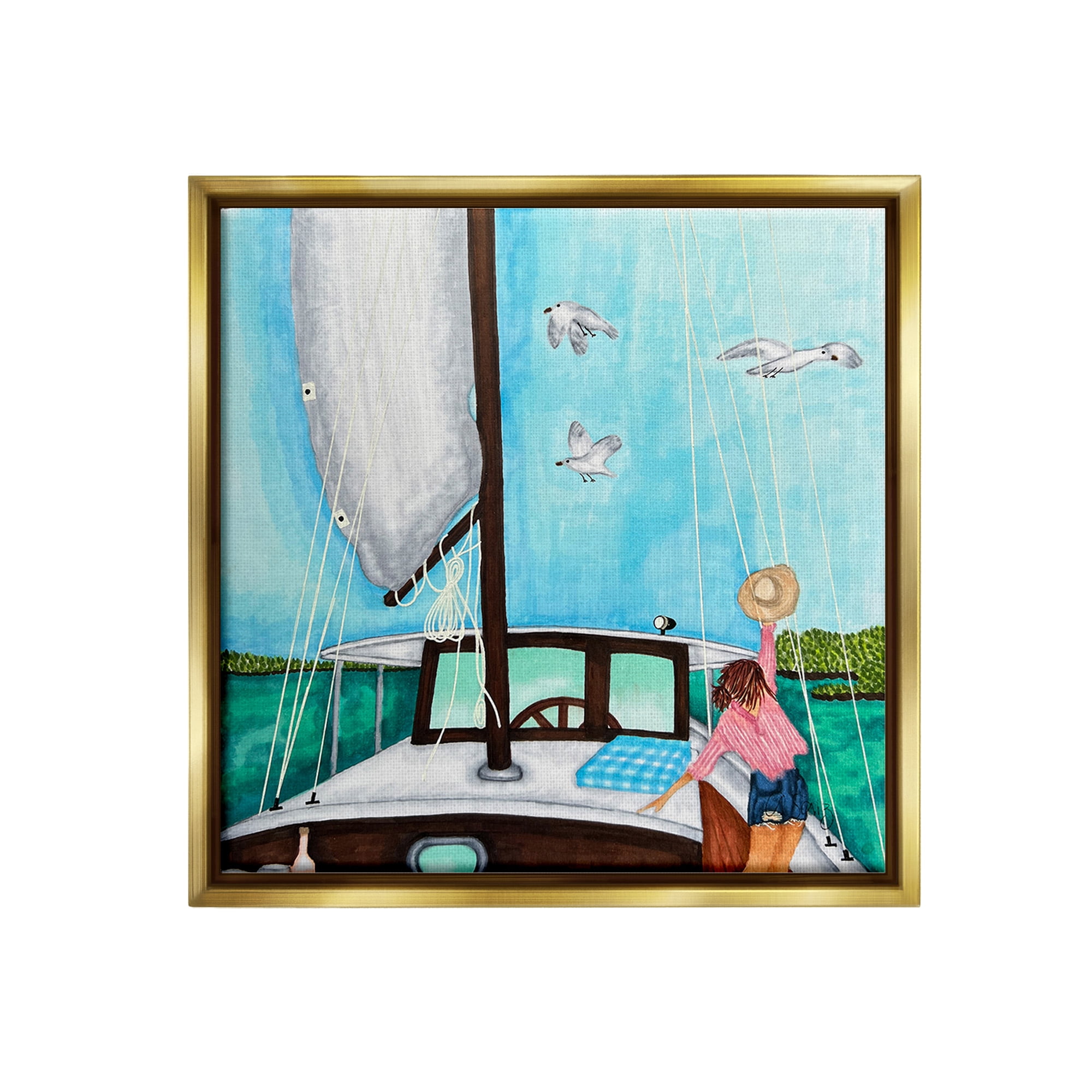 Stupell Industries Girl on Boat Scene Transportation Painting Gold Floater Framed Canvas Art Print Wall Art, 18 x 18