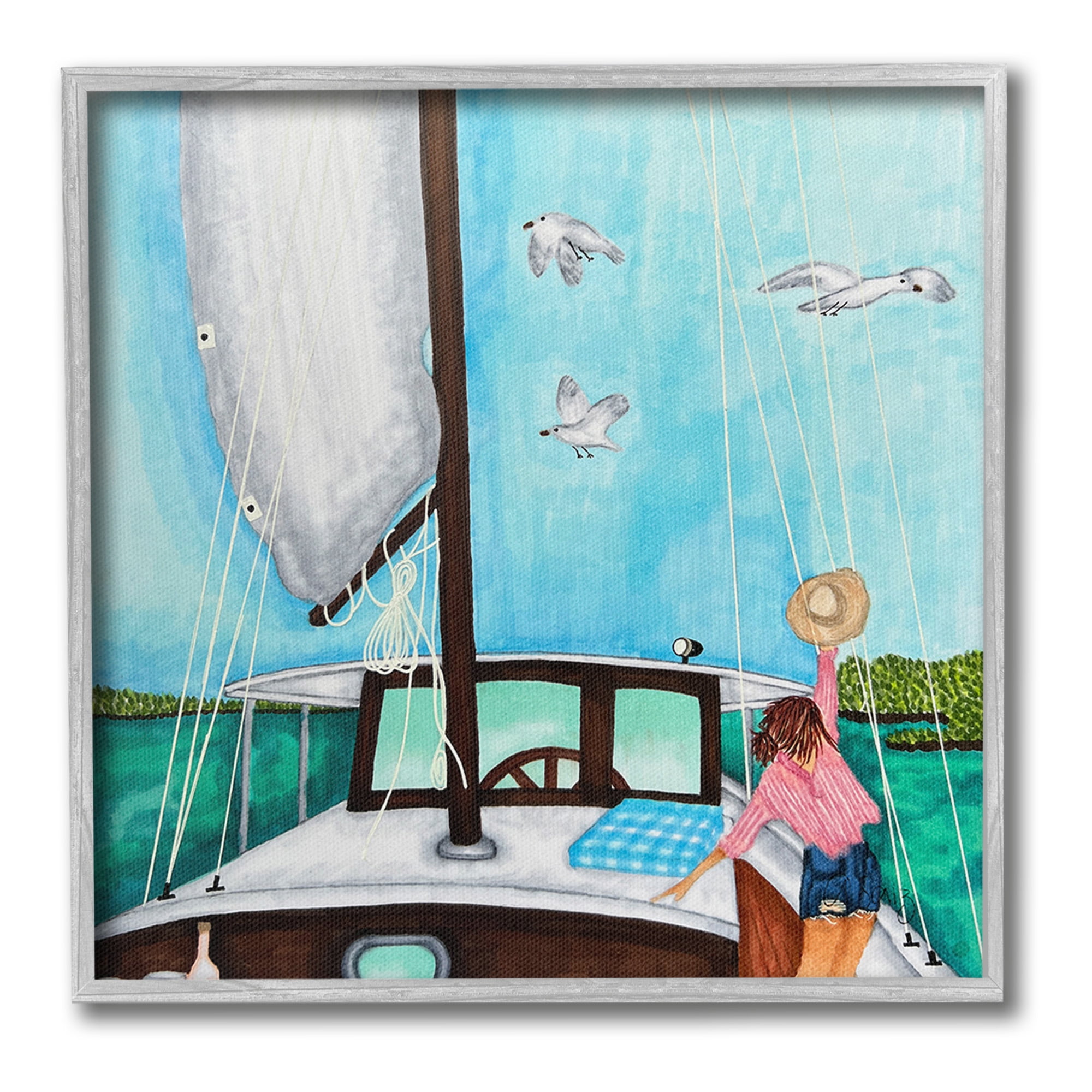 Stupell Industries Girl on Boat Scene Transportation Painting Gray Framed Art Print Wall Art, 12 x 12