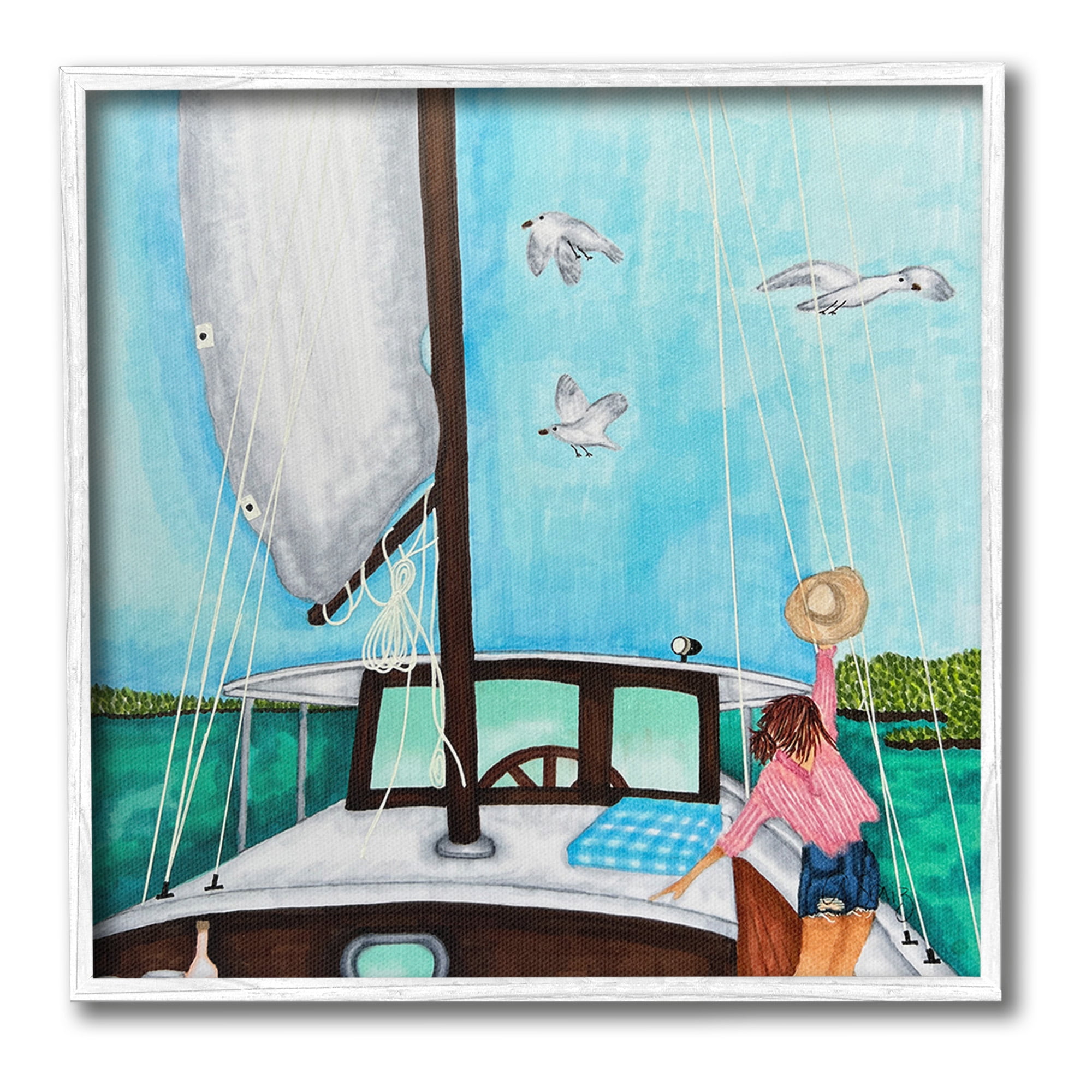 Stupell Industries Girl on Boat Scene Transportation Painting White Framed Art Print Wall Art, 17 x 17