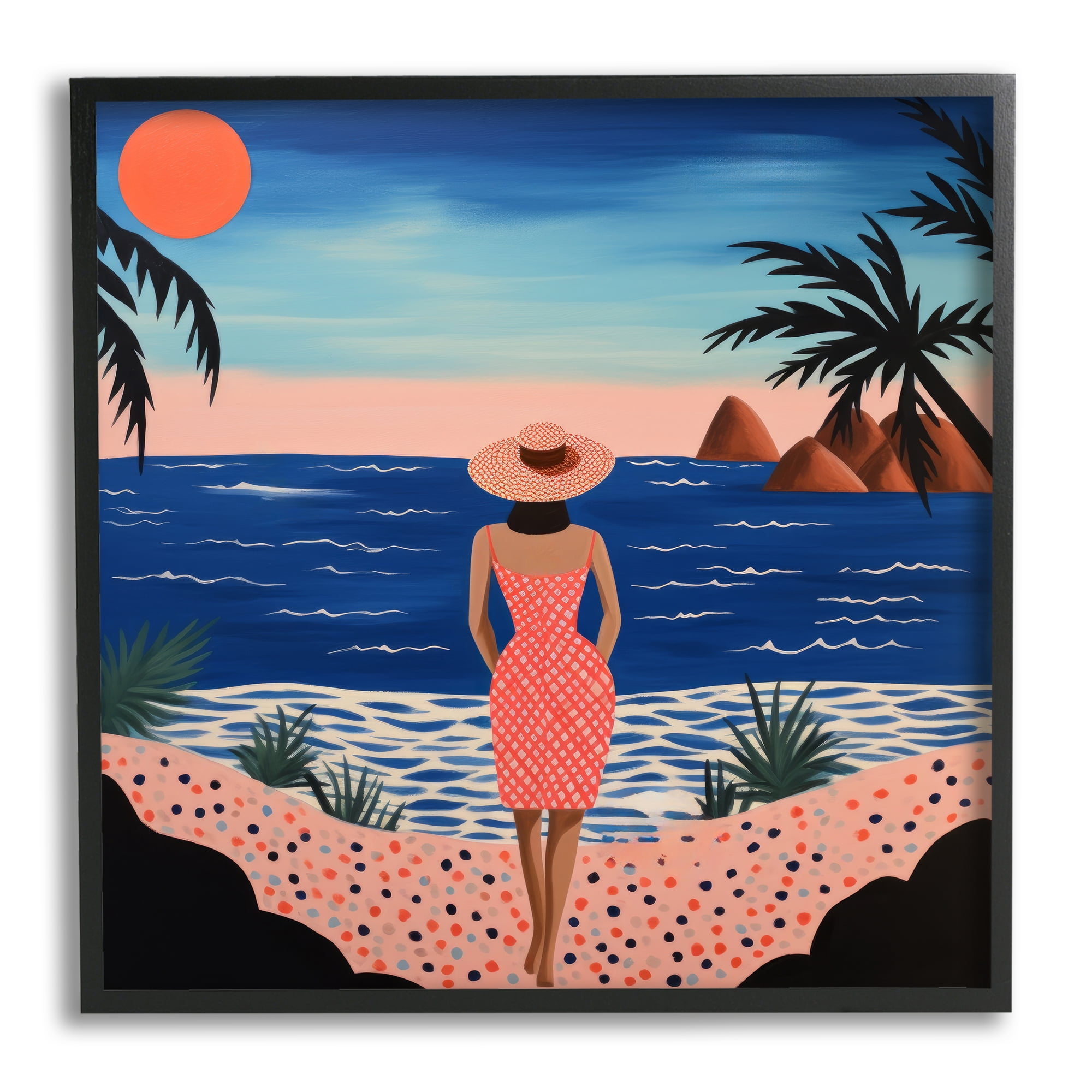 Stupell Industries Girl on Sunset Beach Landscape Painting Black Framed Art Print Wall Art, 17 x 17