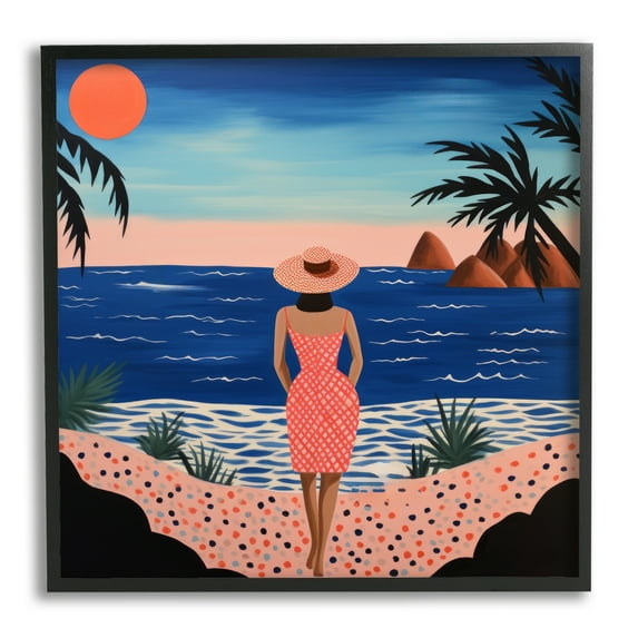 Stupell Industries Girl on Sunset Beach Landscape Painting Black Framed Art Print Wall Art, 24 x 24