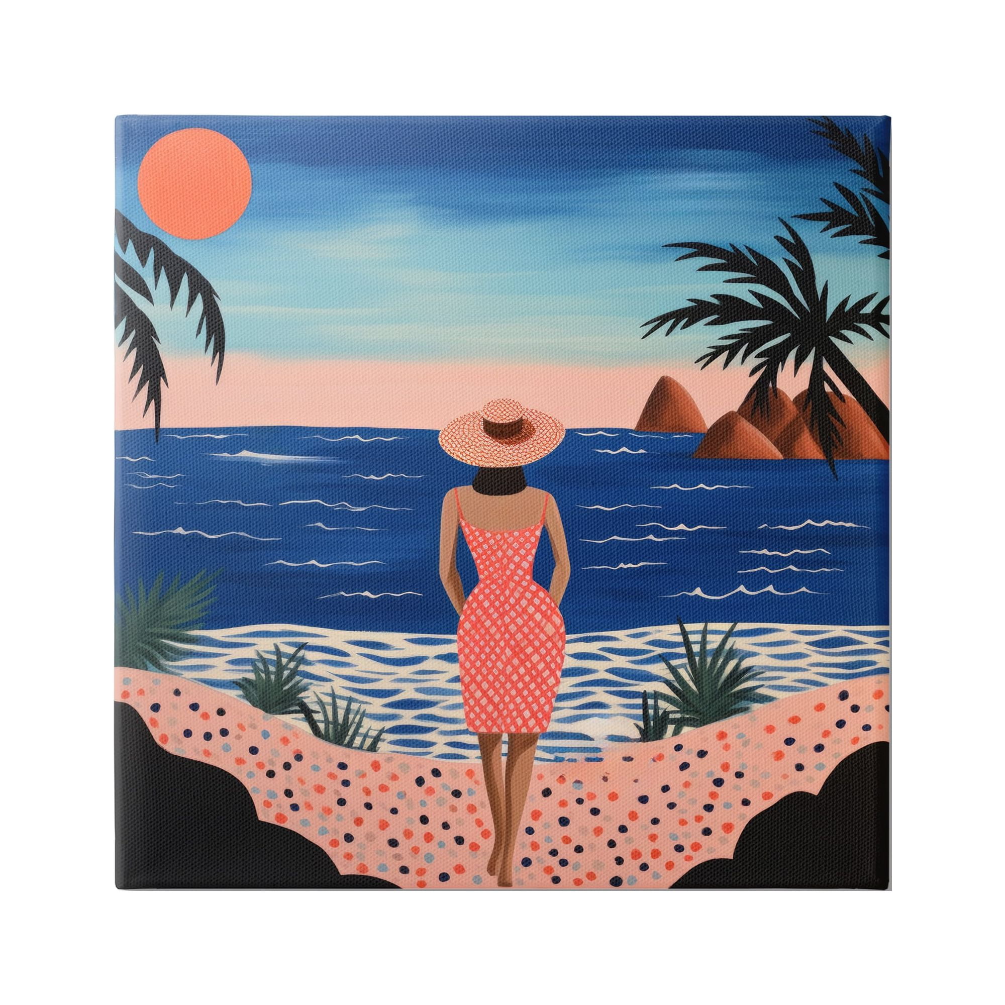 Girl in Red Dress on Tropical Beach Canvas Art, 30 x 30