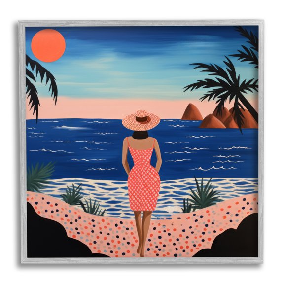 Stupell Industries Girl on Sunset Beach Landscape Painting Gray Framed Art Print Wall Art, 17 x 17