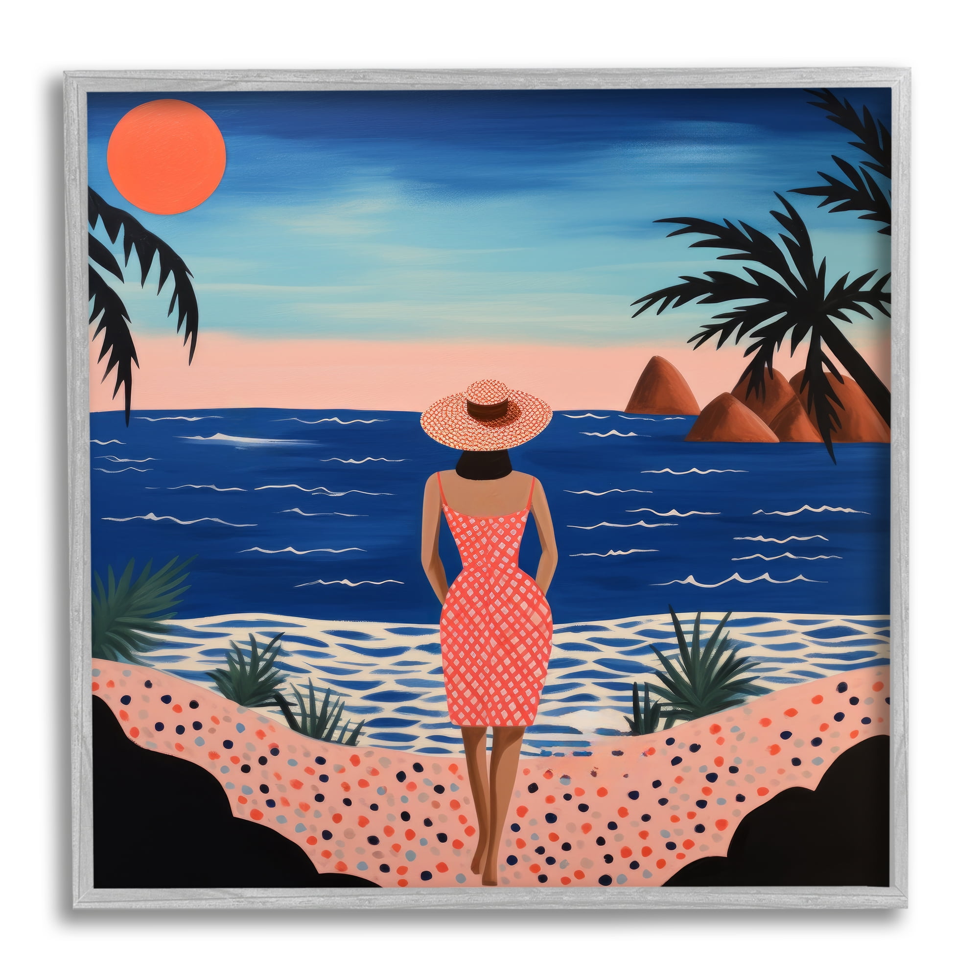 Stupell Industries Girl on Sunset Beach Landscape Painting Gray Framed Art Print Wall Art, 24 x 24