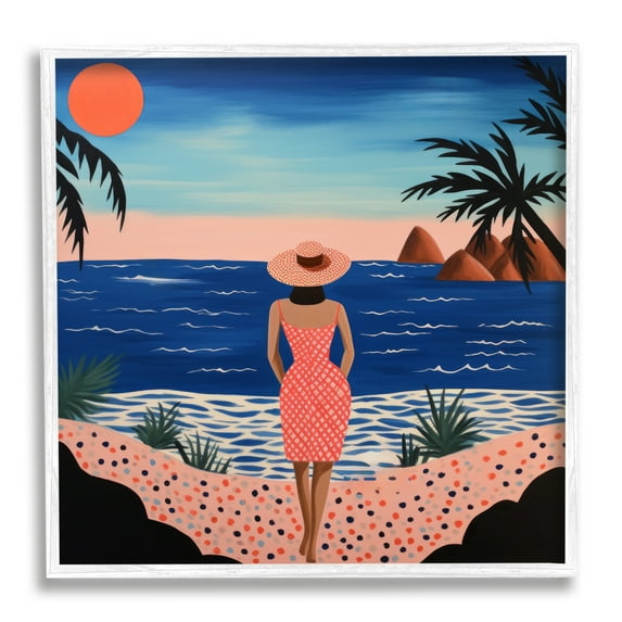 Stupell Industries Girl on Sunset Beach Landscape Painting White Framed Art Print Wall Art, 24 x 24