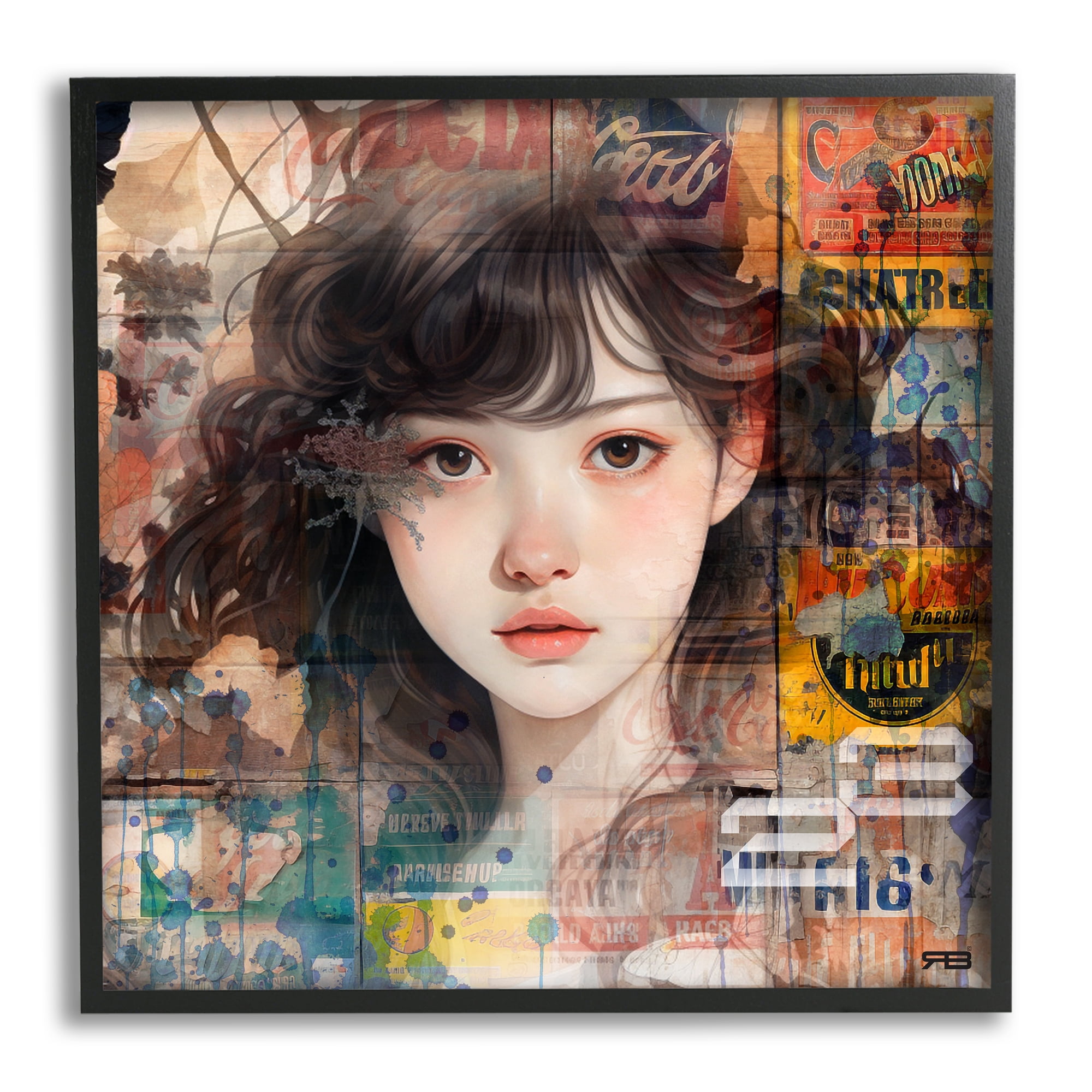 Stupell Industries Girl on Vintage Collage Abstract Painting Black Framed Art Print Wall Art, 17 x 17