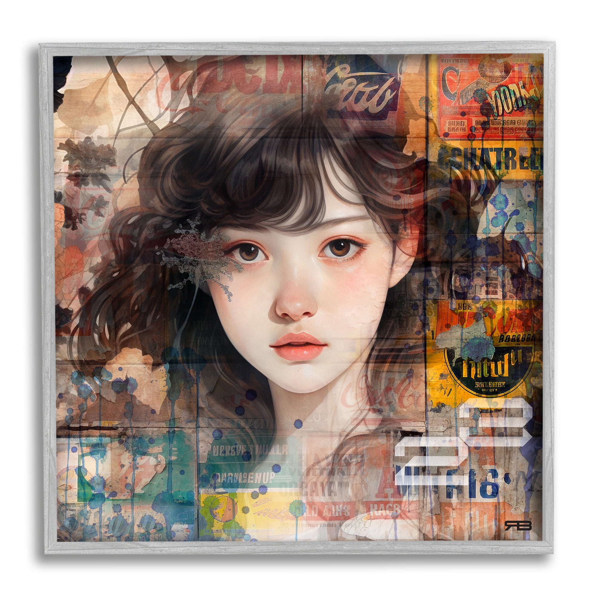 Stupell Industries Girl on Vintage Collage Abstract Painting Gray Framed Art Print Wall Art, 17 x 17