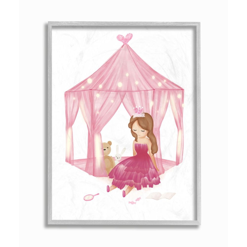 Stupell Industries Girl's Playroom Princess Doll Stuffed Animal Illustration Framed Wall Art Design by Ziwei Li, 16" x 20", Gray Framed