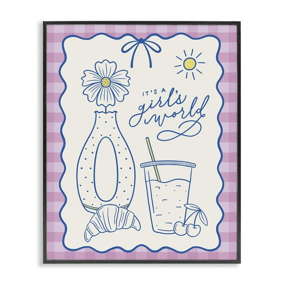 Stupell Industries Girl's World on Plaid Food & Beverage Painting Black Framed Art Print Wall Art, 11 x 14