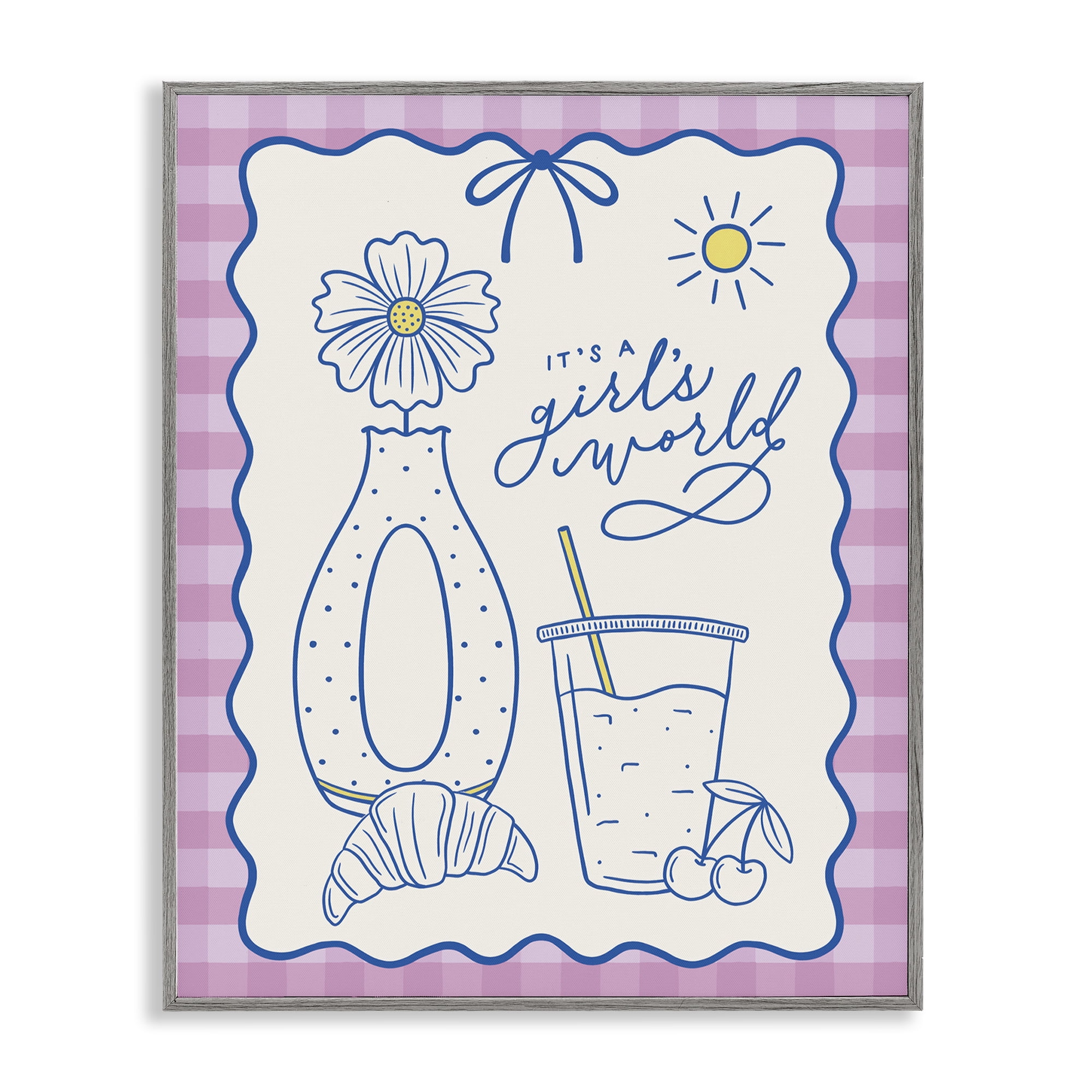 Stupell Industries Girl's World on Plaid Food & Beverage Painting Gray Framed Art Print Wall Art, 24 x 30