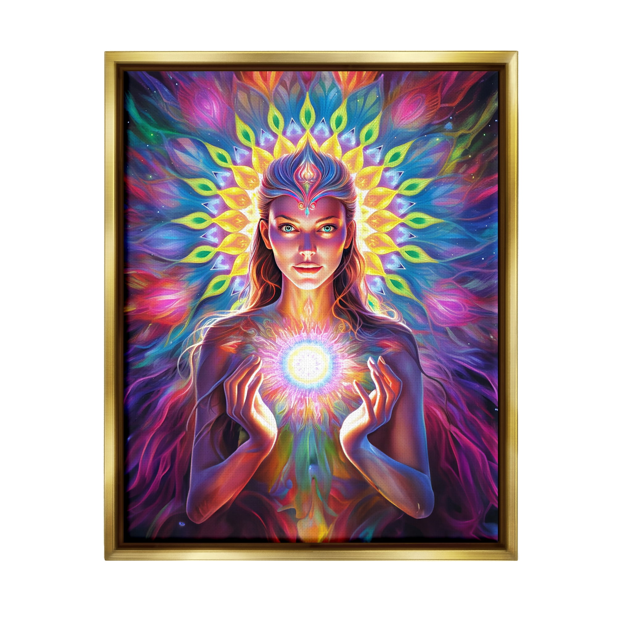 Stupell Industries Girl with Abstract Fractals Abstract Painting Gold Floater Framed Canvas Art Print Wall Art, 25 x 31