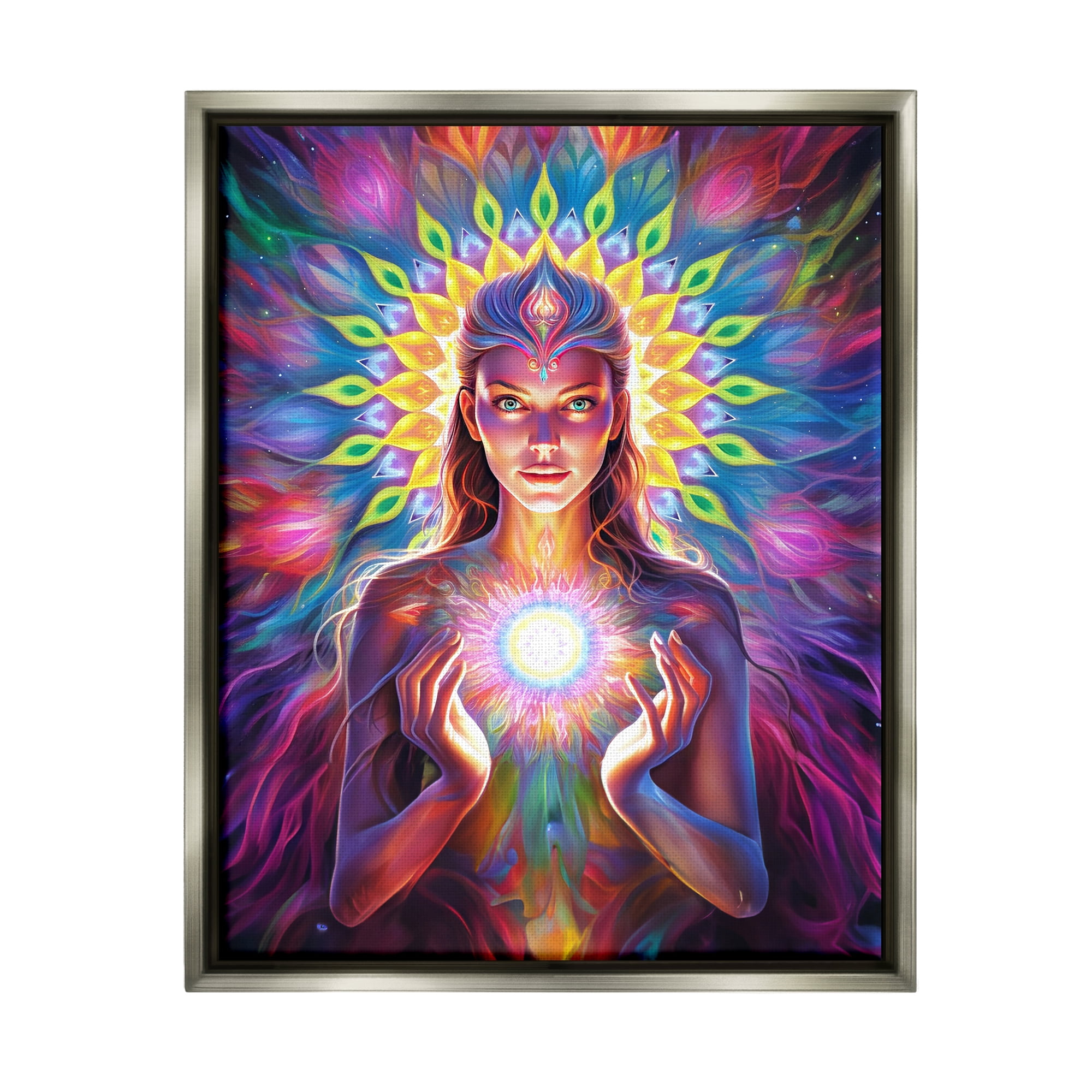Stupell Industries Girl with Abstract Fractals Abstract Painting Gray Floater Framed Canvas Art Print Wall Art, 17 x 21