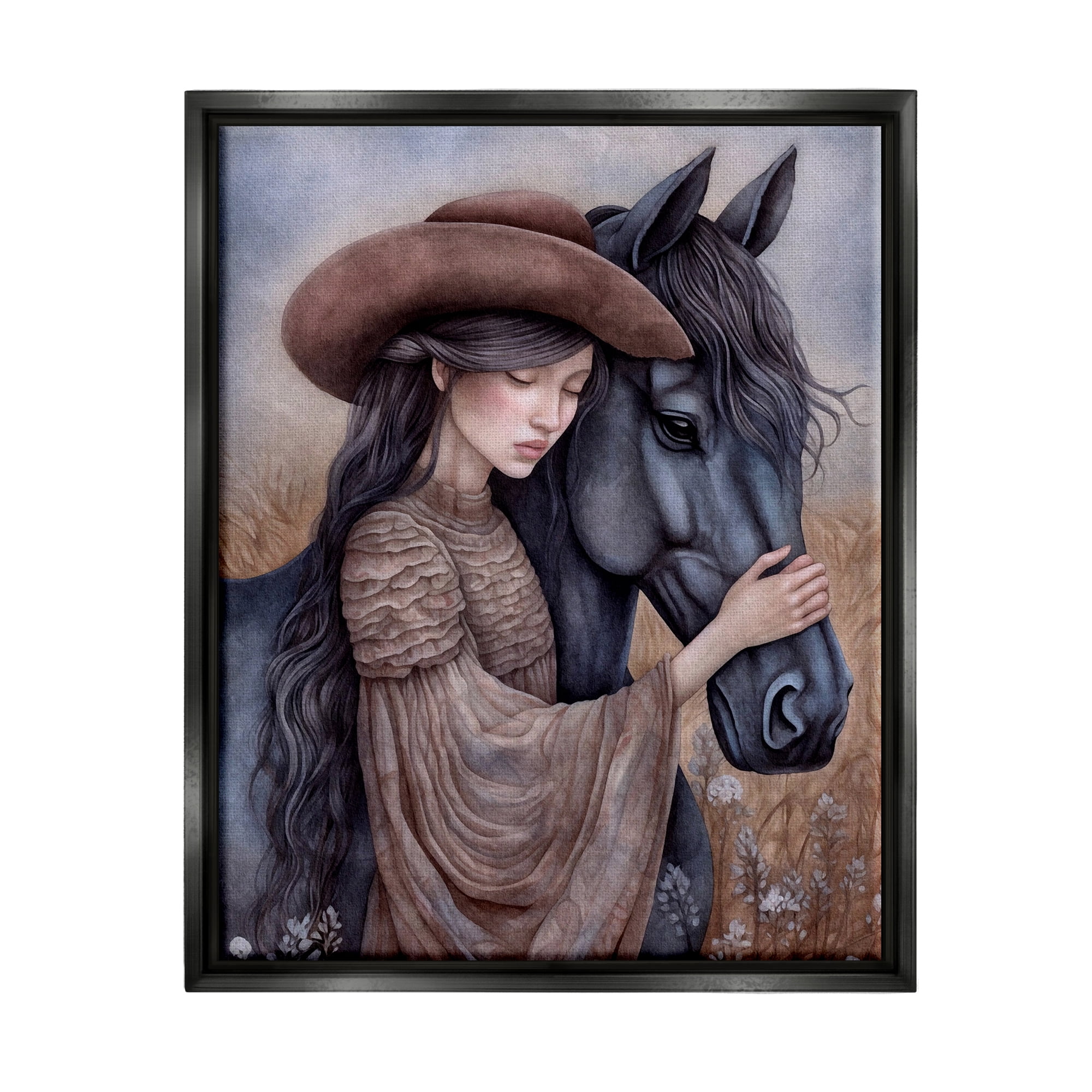 Stupell Industries Girl with Black Stallion Animals & Insects Painting Black Floater Framed Canvas Art Print Wall Art, 17 x 21