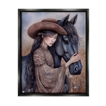 Stupell Industries Girl with Black Stallion Animals & Insects Painting Black Floater Framed Canvas Art Print Wall Art, 17 x 21