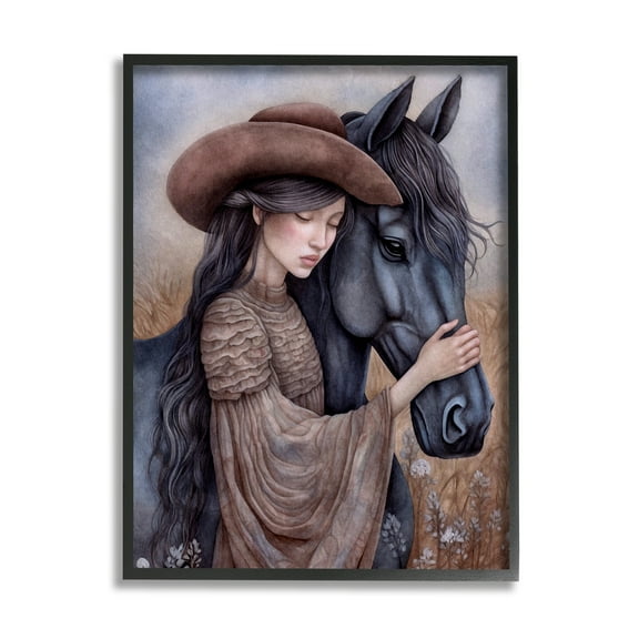 Stupell Industries Girl with Black Stallion Animals & Insects Painting Black Framed Art Print Wall Art, 11 x 14
