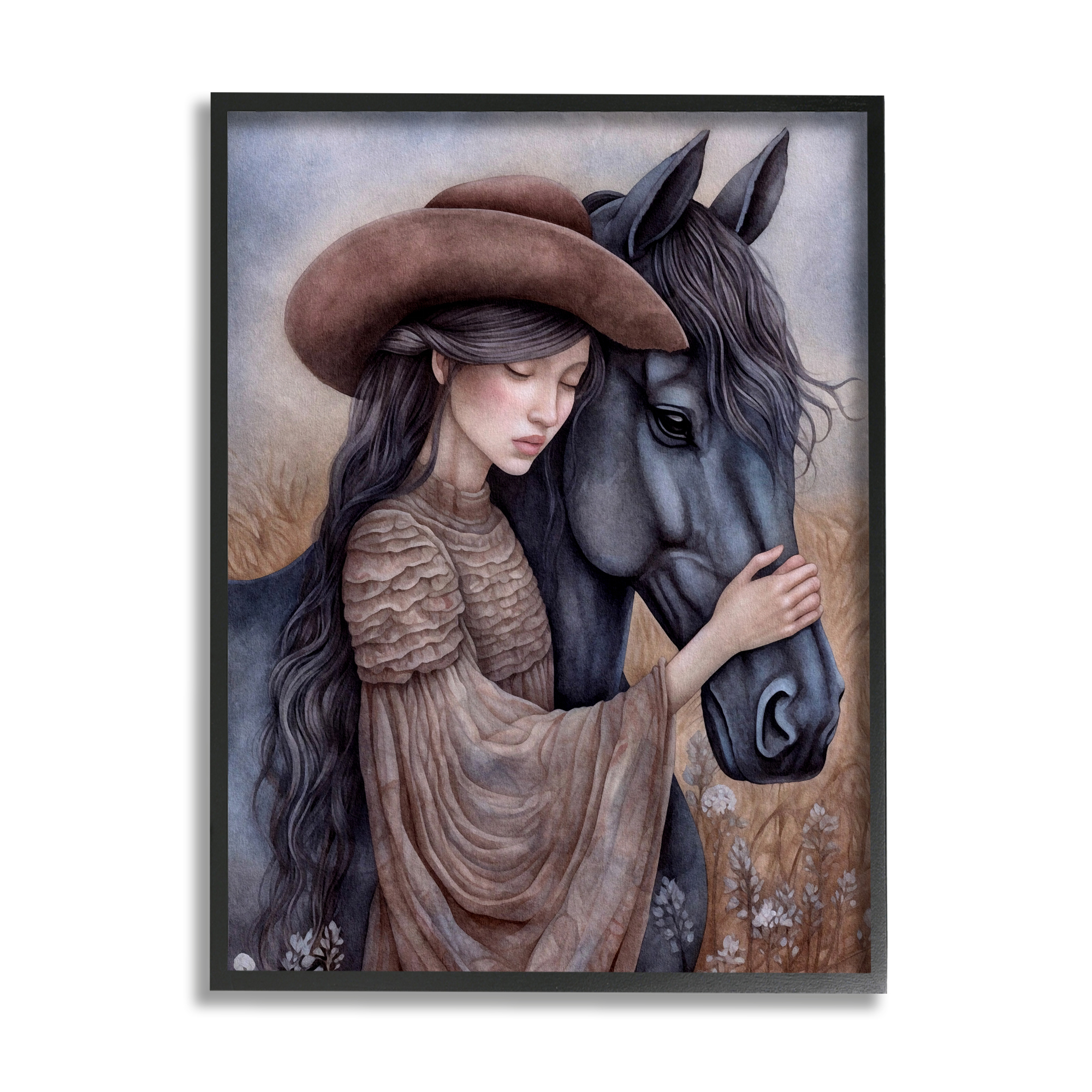 Stupell Industries Girl with Black Stallion Animals & Insects Painting Black Framed Art Print Wall Art, 16 x 20