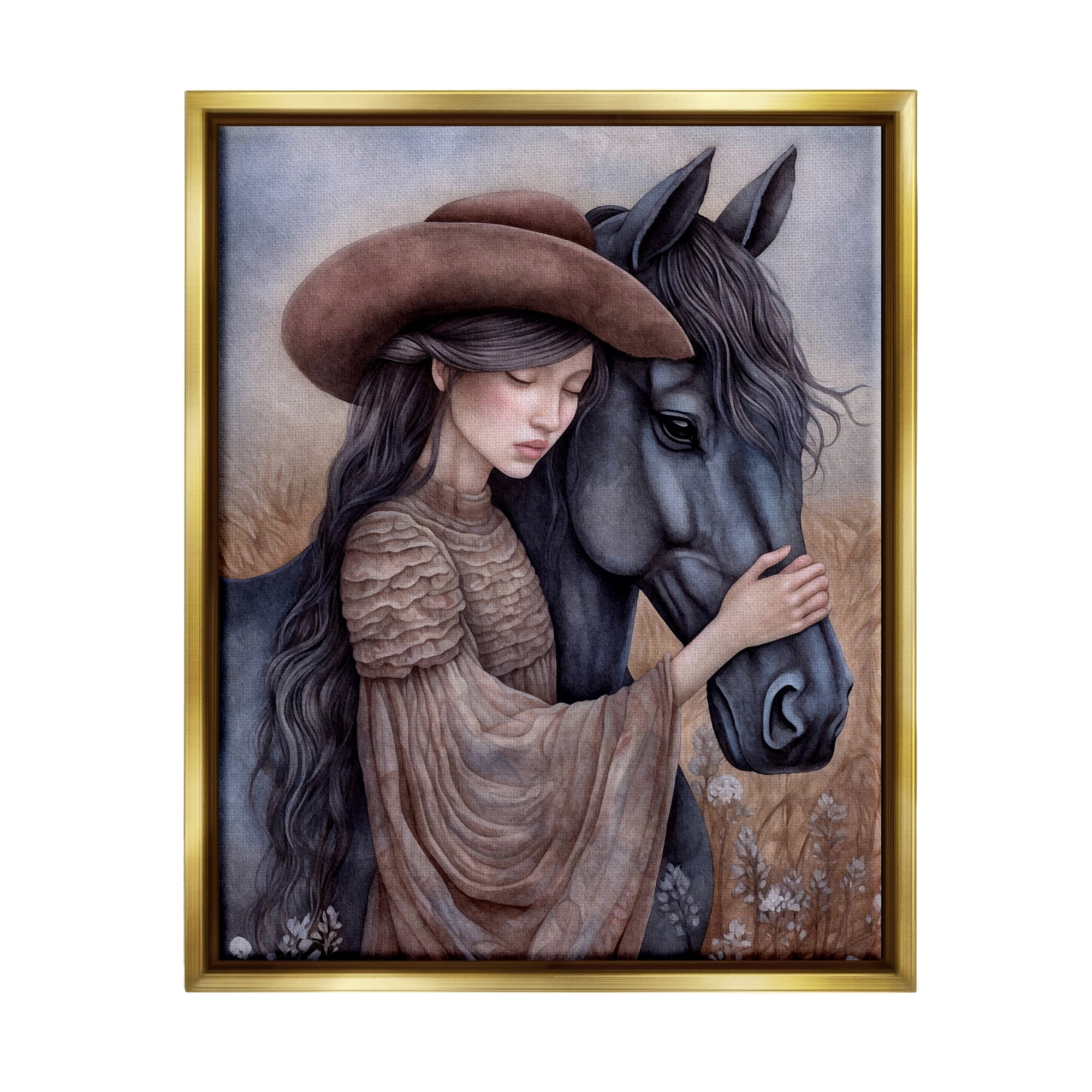 Stupell Industries Girl with Black Stallion Animals & Insects Painting Gold Floater Framed Canvas Art Print Wall Art, 25 x 31