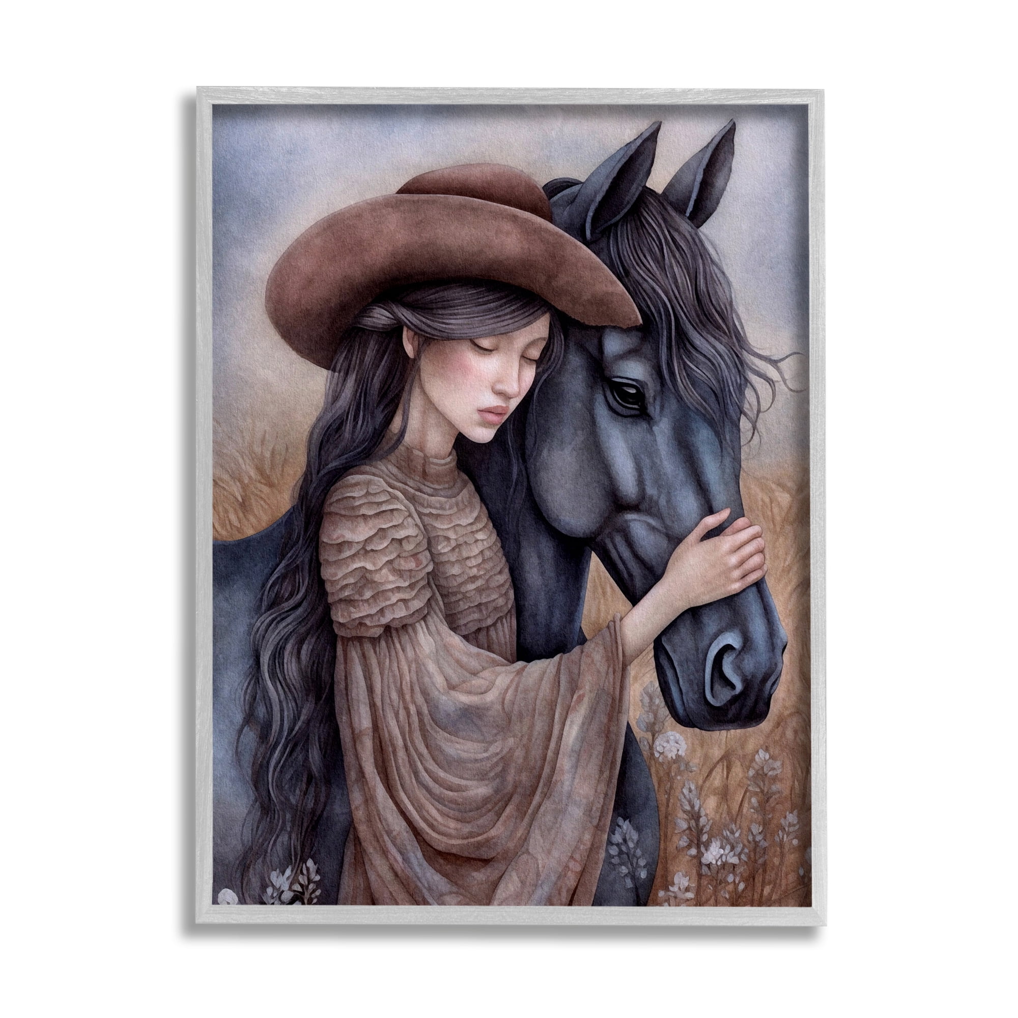 Stupell Industries Girl with Black Stallion Animals & Insects Painting Gray Framed Art Print Wall Art, 24 x 30