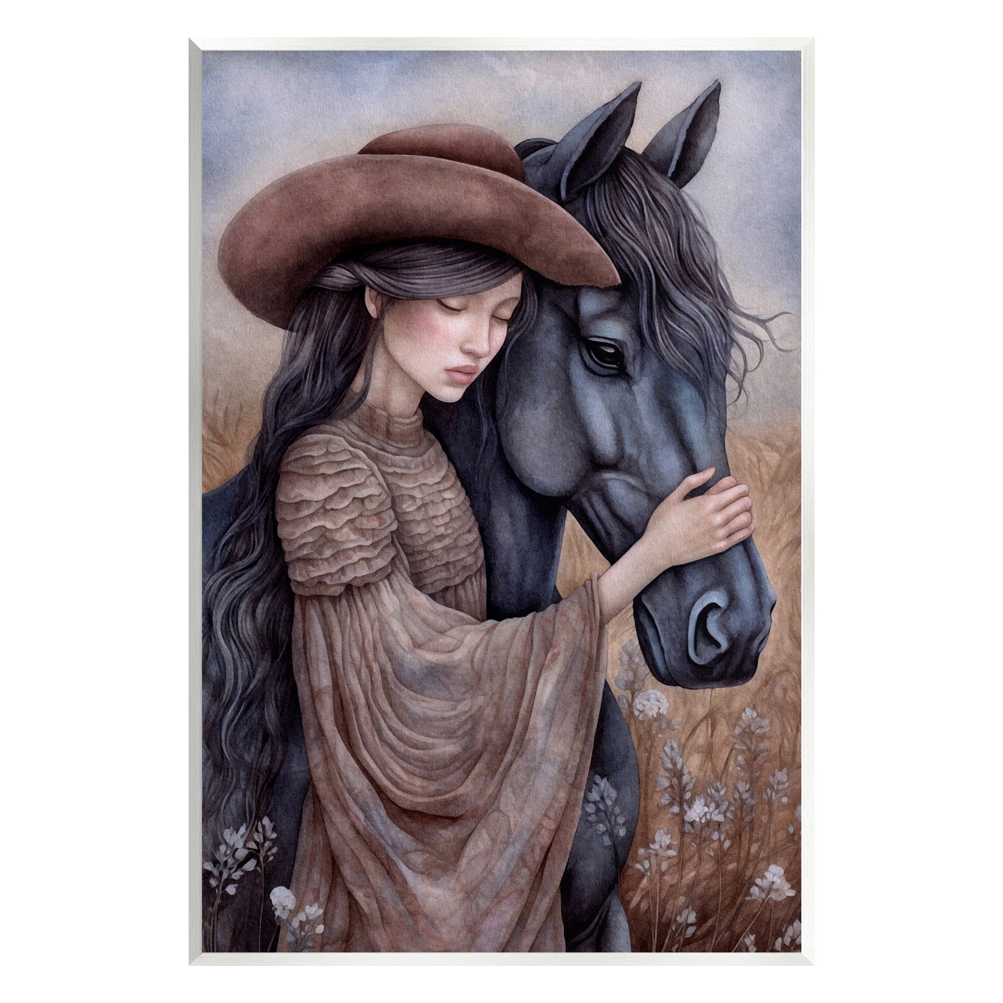 Stupell Industries Girl with Black Stallion Animals & Insects Painting Unframed Art Print Wall Art, 13 x 19