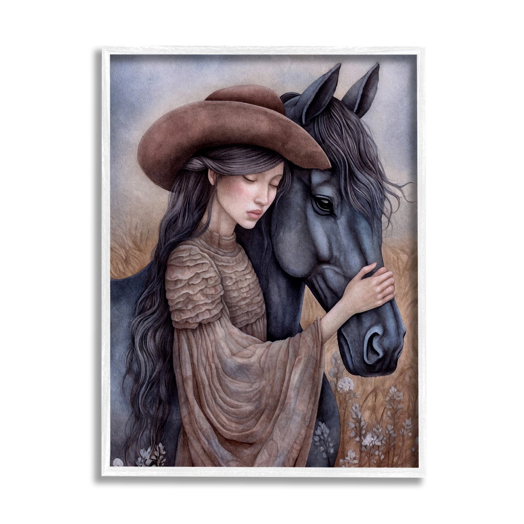 Stupell Industries Girl with Black Stallion Animals & Insects Painting White Framed Art Print Wall Art, 16 x 20