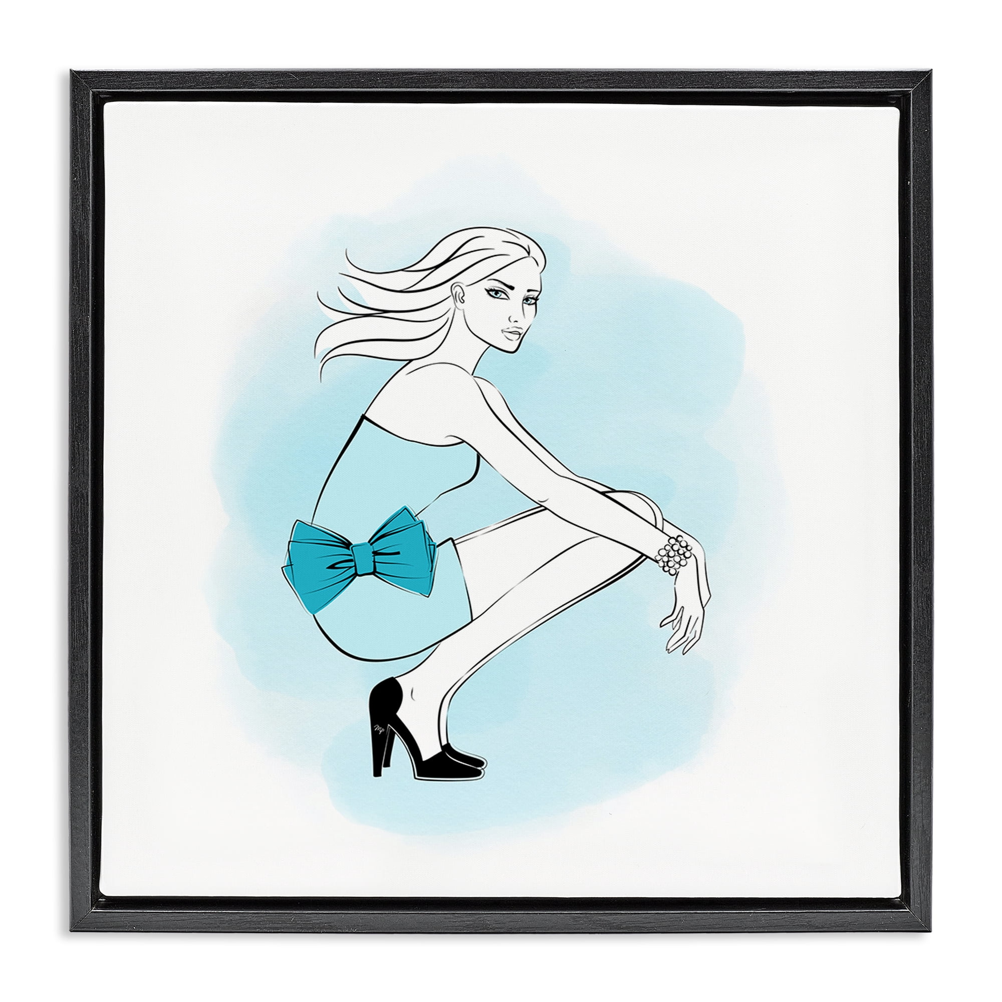 Stupell Industries Girl with Blue Bow Novelty Painting Black Floater Framed Art Print Wall Art, 25 x 25