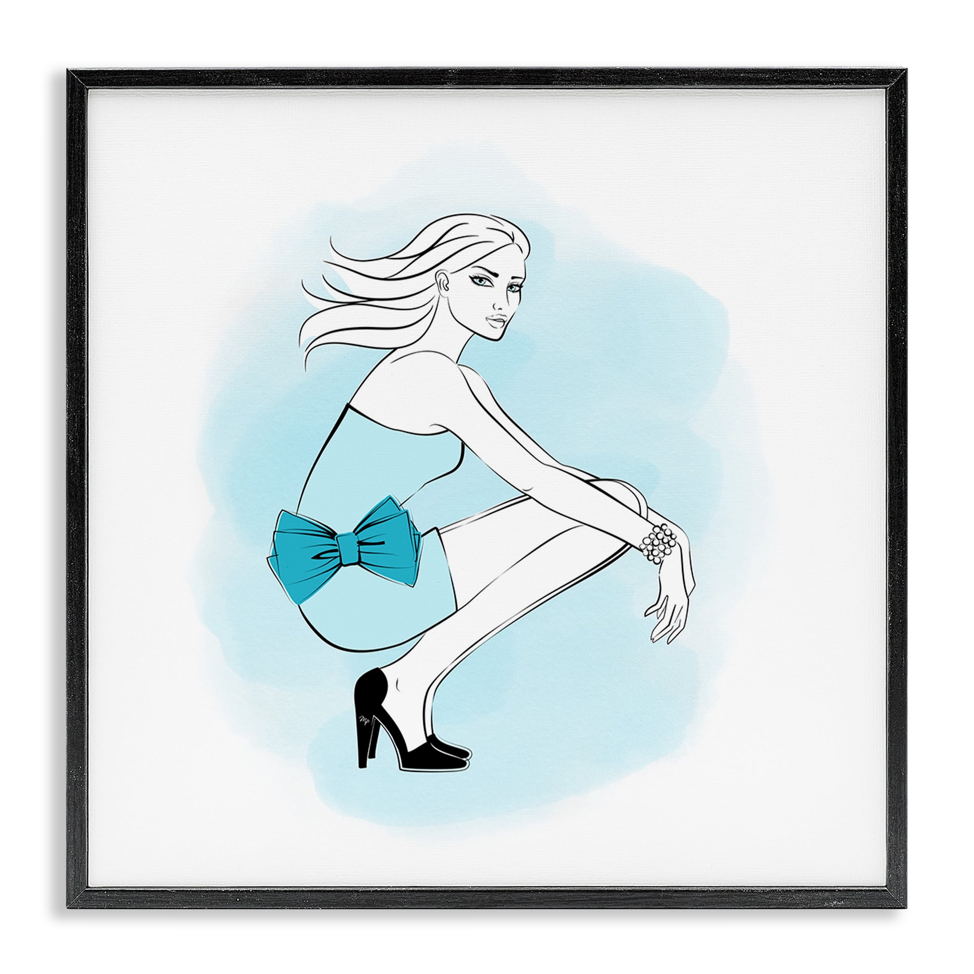 Stupell Industries Girl with Blue Bow Novelty Painting Black Framed Art Print Wall Art, 12 x 12