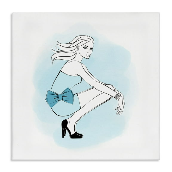 Stupell Industries Girl with Blue Bow Novelty Painting Gallery Wrapped Canvas Art Print Wall Art, 17 x 17