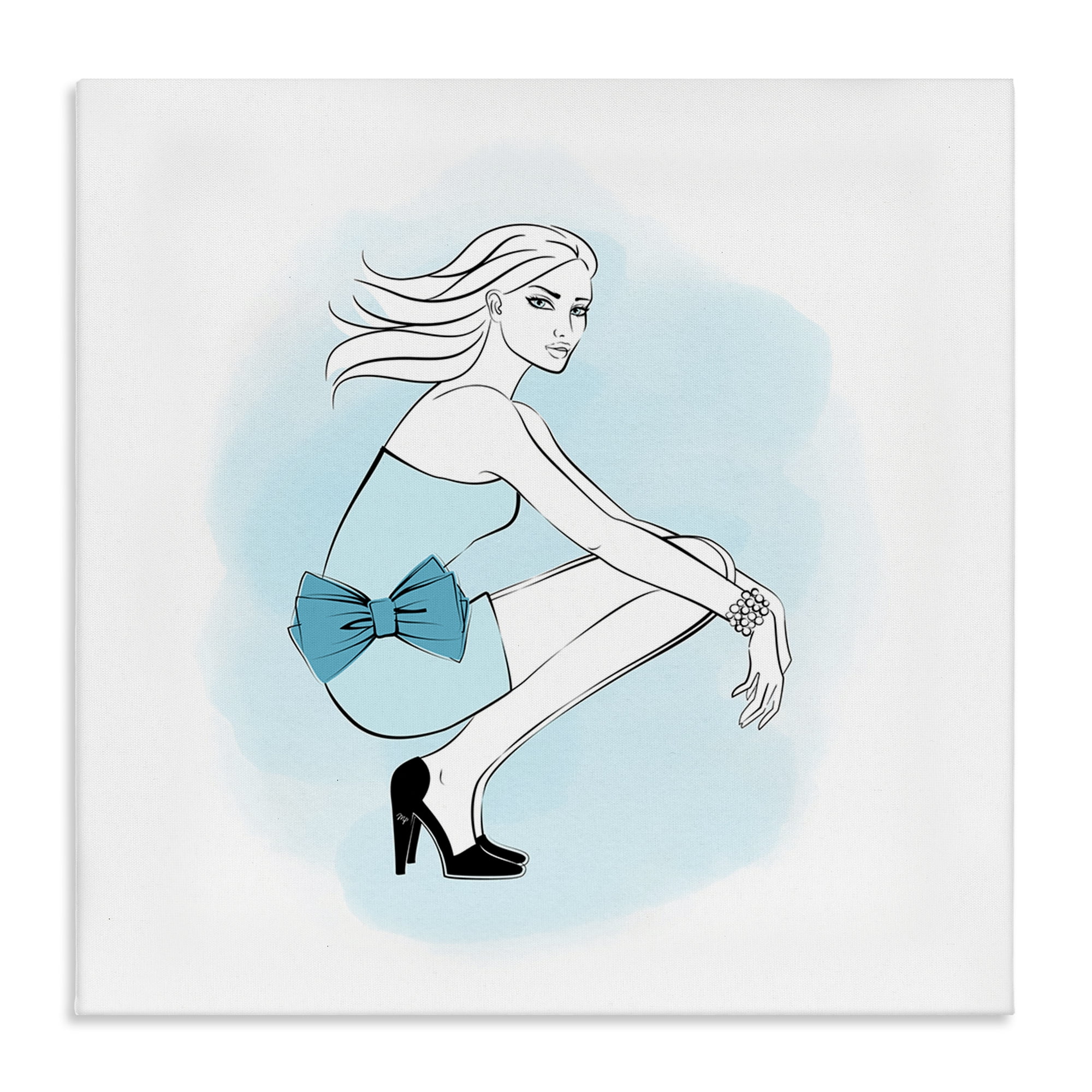 Stupell Industries Girl with Blue Bow Novelty Painting Gallery Wrapped Canvas Art Print Wall Art, 24 x 24
