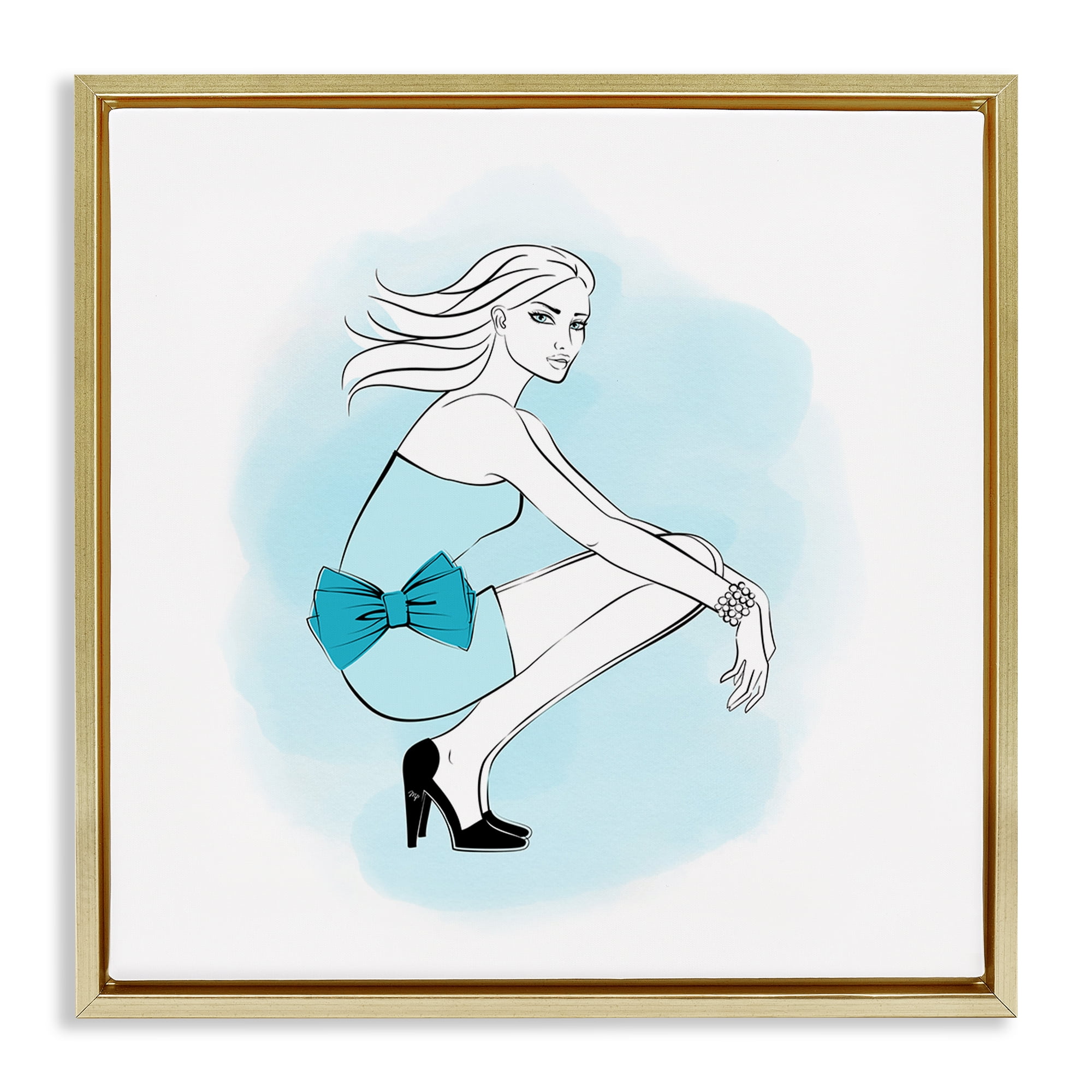Stupell Industries Girl with Blue Bow Novelty Painting Gold Floater Framed Art Print Wall Art, 25 x 25