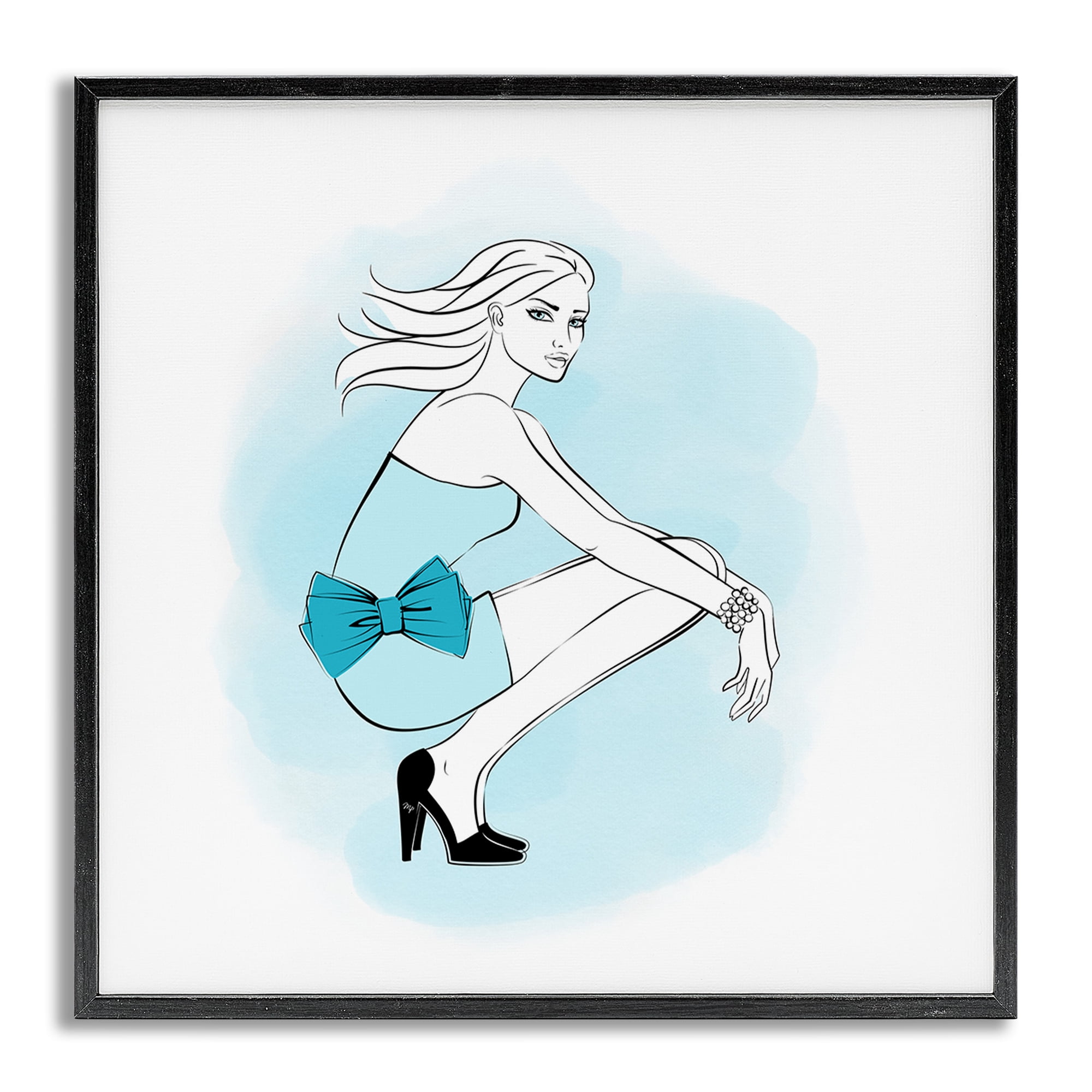 Stupell Industries Girl with Blue Bow Novelty Painting Gray Framed Art Print Wall Art, 12 x 12