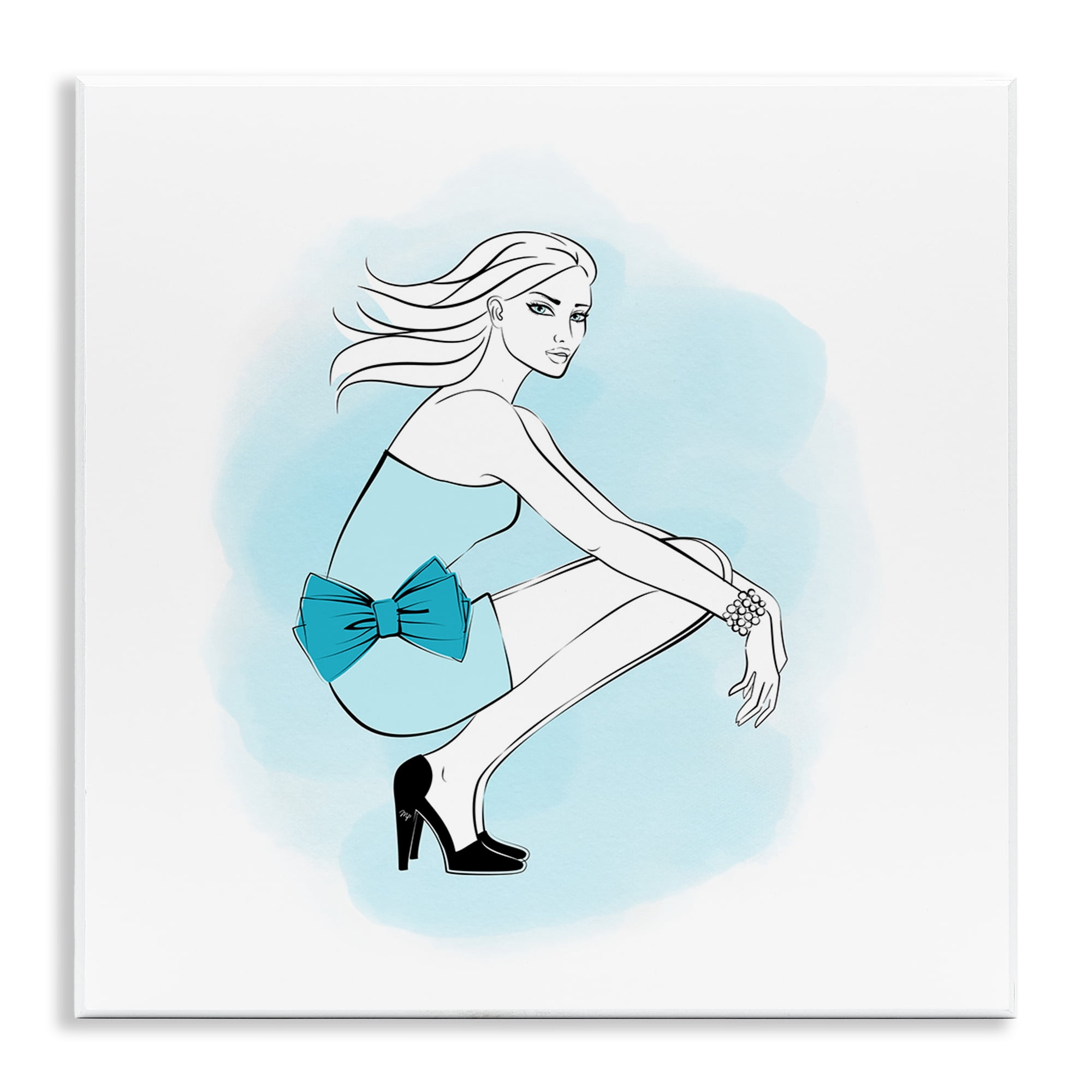 Stupell Industries Girl with Blue Bow Novelty Painting Unframed Art Print Wall Art, 12 x 12