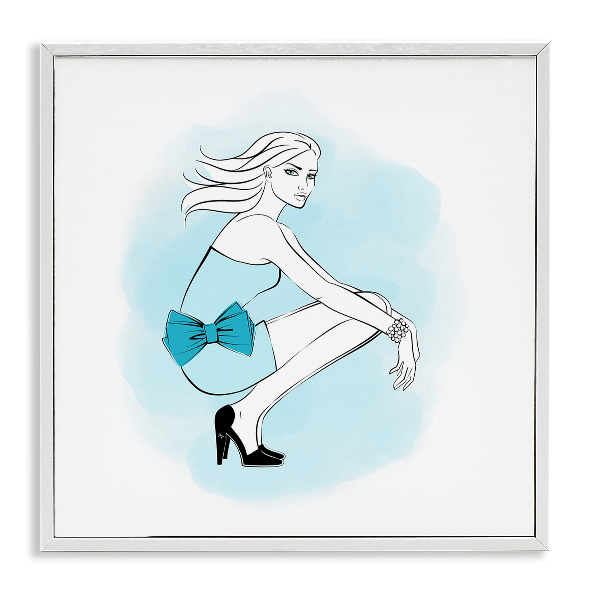Stupell Industries Girl with Blue Bow Novelty Painting White Framed Art Print Wall Art, 12 x 12