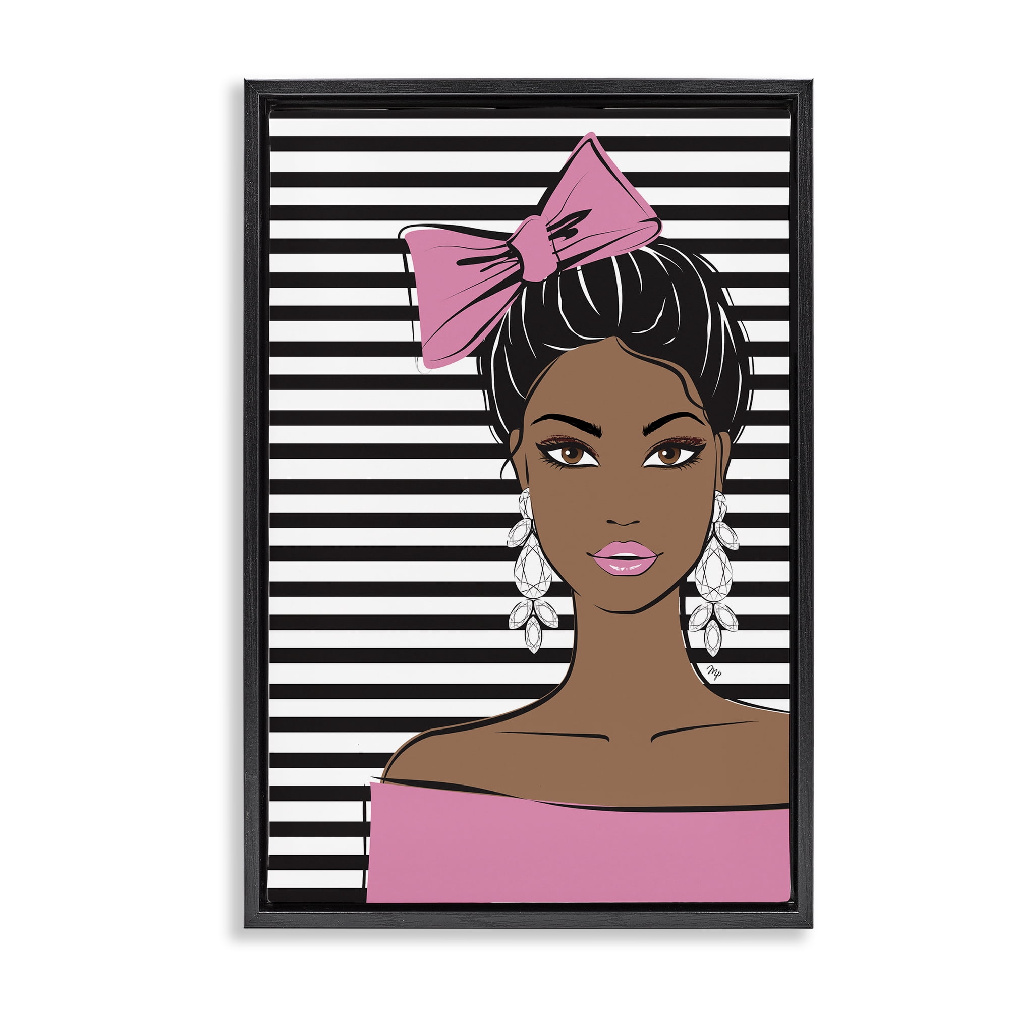 Stupell Industries Girl with Bow & Jewel Earrings Black Framed Floater Canvas Wall Art, design by Martina Pavlova