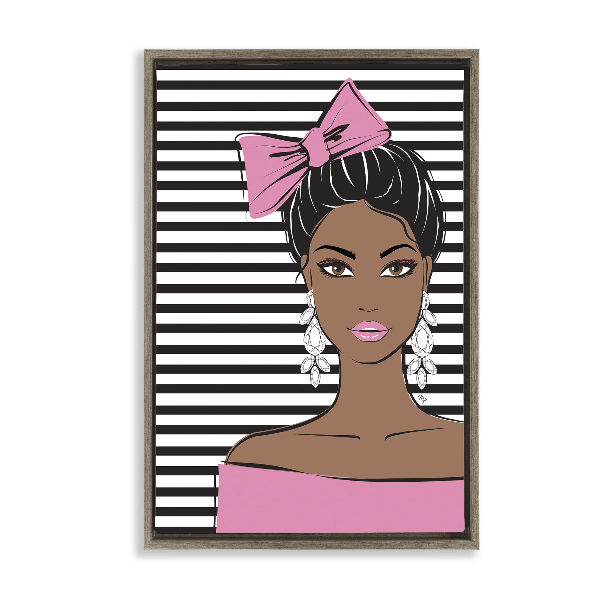 Stupell Industries Girl with Bow & Jewel Earrings Brown Framed Floater Canvas Wall Art, design by Martina Pavlova