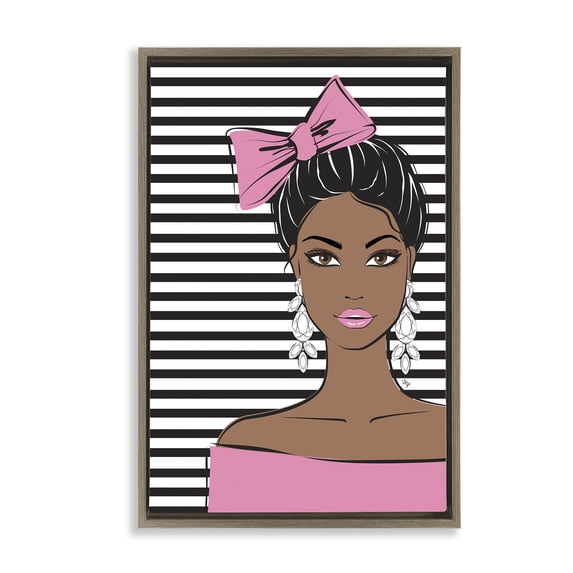 Stupell Industries Modern Girl with Bow & Jewel Earrings Brown Floating Frame Canvas Art, 17 x 25, by Martina Pavlova