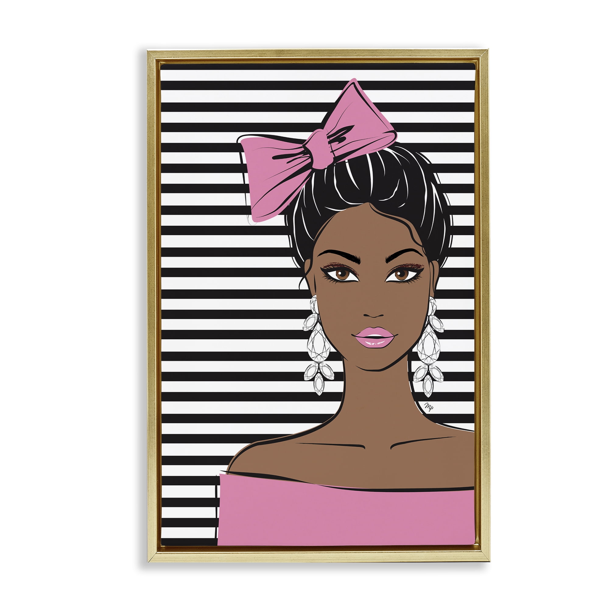 Stupell Industries Girl with Bow & Jewel Earrings Gold Framed Floater Canvas Wall Art, design by Martina Pavlova