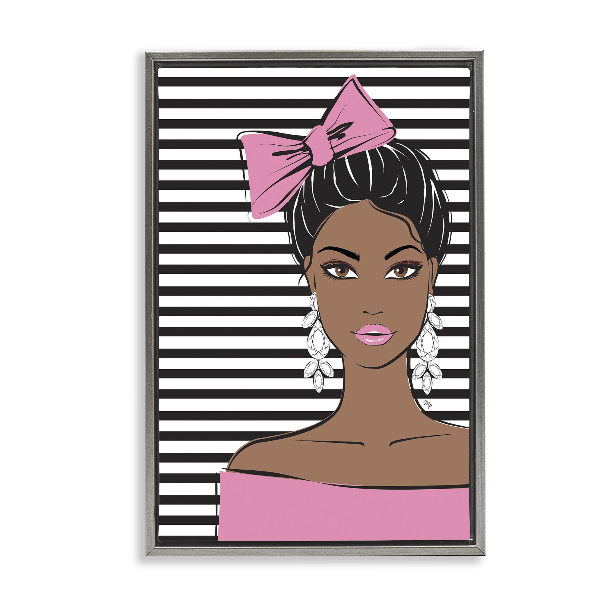 Stupell Industries Girl with Bow & Jewel Earrings Gray Framed Floater Canvas Wall Art, design by Martina Pavlova
