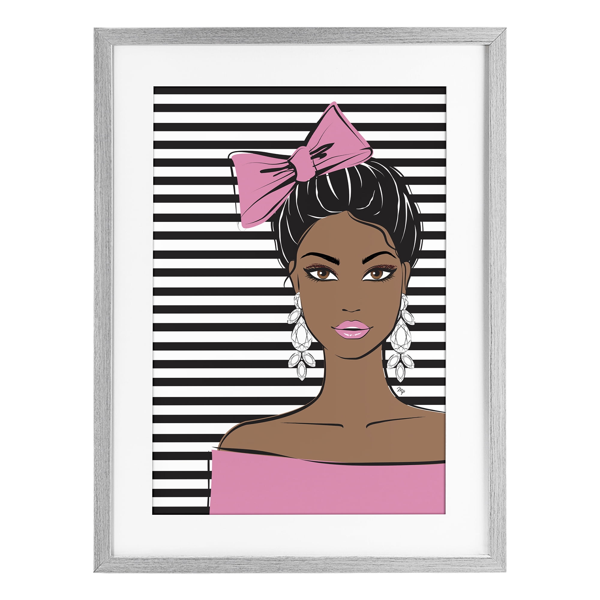 Stupell Industries Girl with Bow & Jewel Earrings Gray Framed Print Under Glass, design by Martina Pavlova
