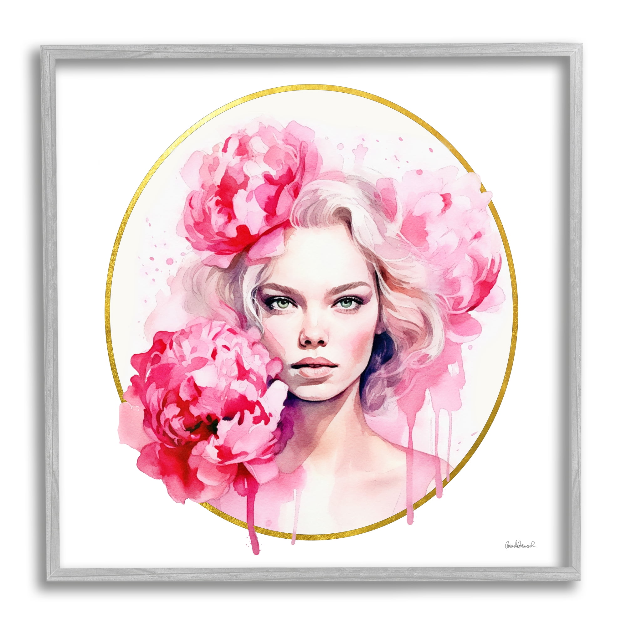 Stupell Industries Girl with Carnations Portrait Botanical & Floral Painting Gray Framed Art Print Wall Art, 12 x 12
