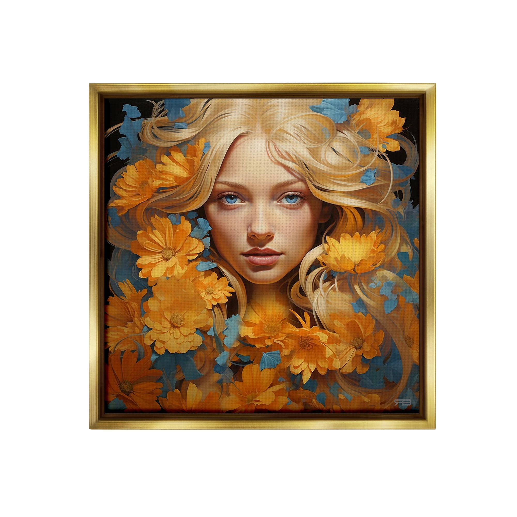 Stupell Industries Girl with Cascading Flowers Botanical & Floral Painting Gold Floater Framed Canvas Art Print Wall Art, 25 x 25