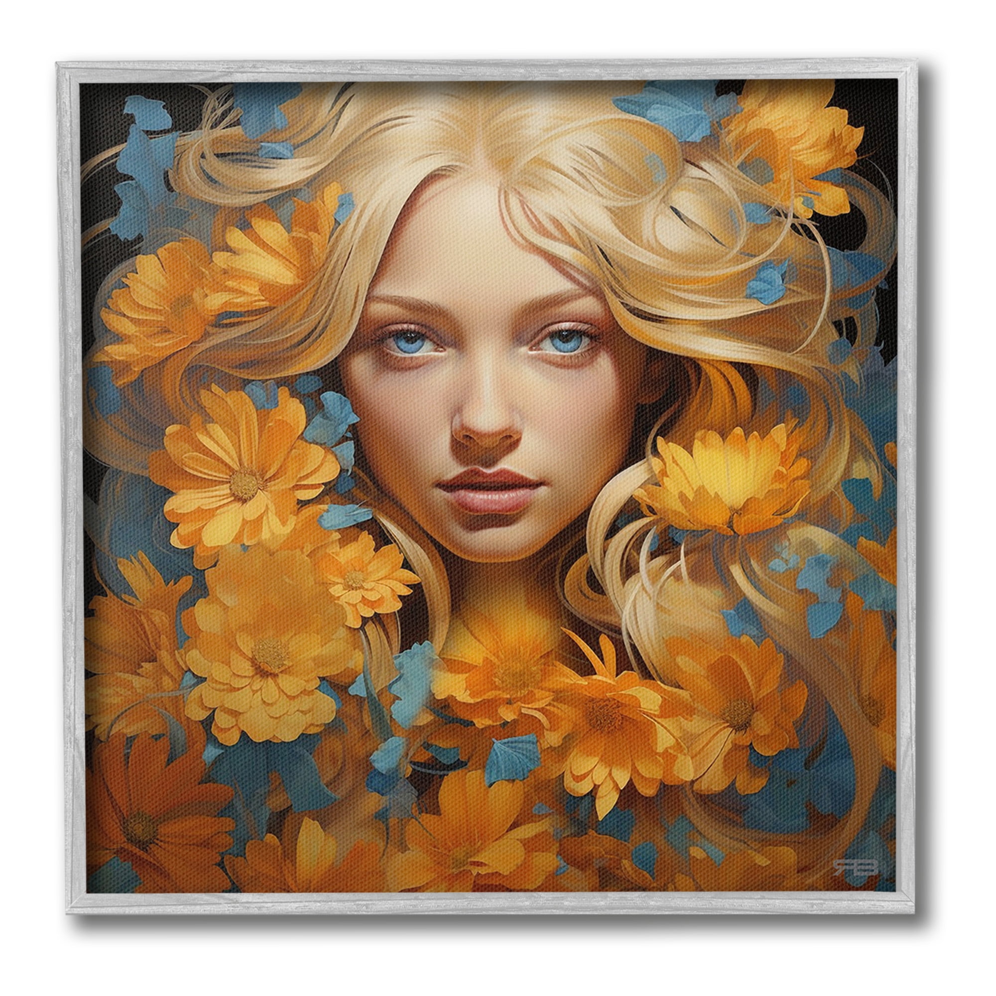 Stupell Industries Girl with Cascading Flowers Botanical & Floral Painting Gray Framed Art Print Wall Art, 17 x 17