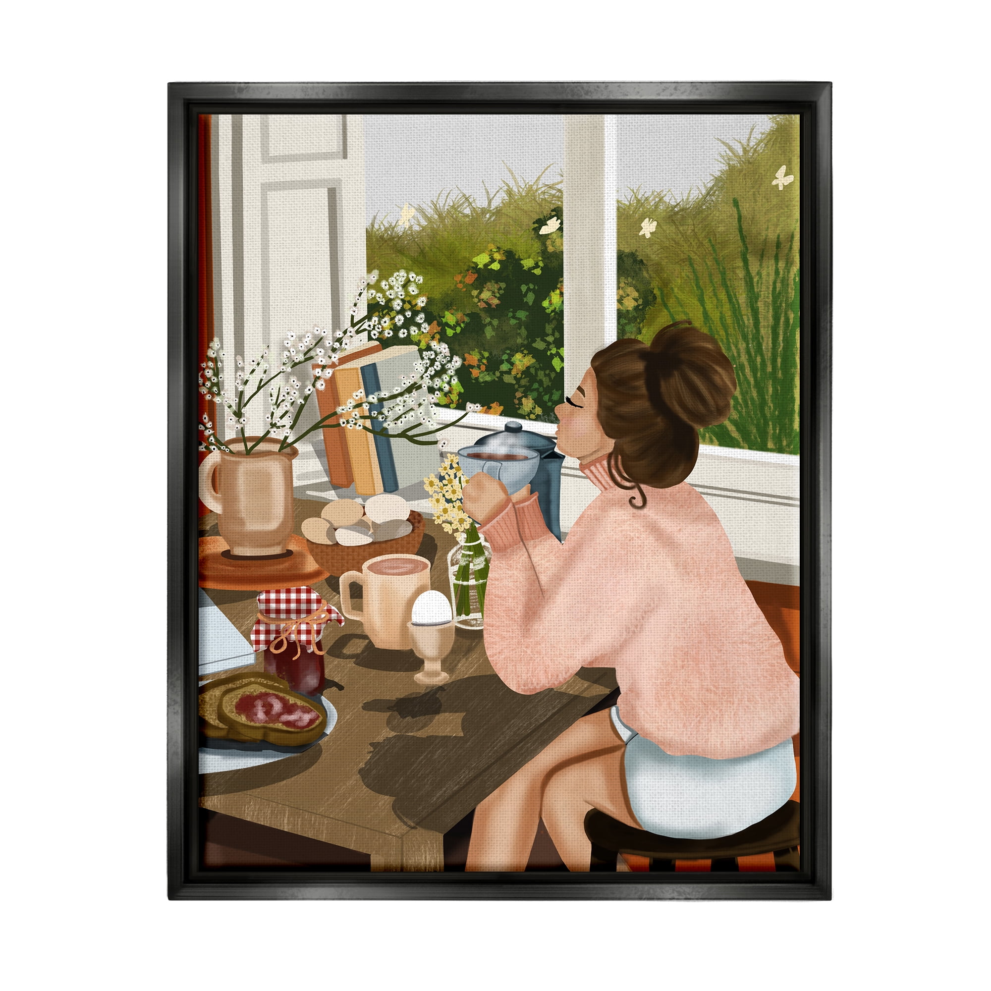 Stupell Industries Girl with Cozy Breakfast Food & Beverage Painting Black Floater Framed Canvas Art Print Wall Art, 17 x 21
