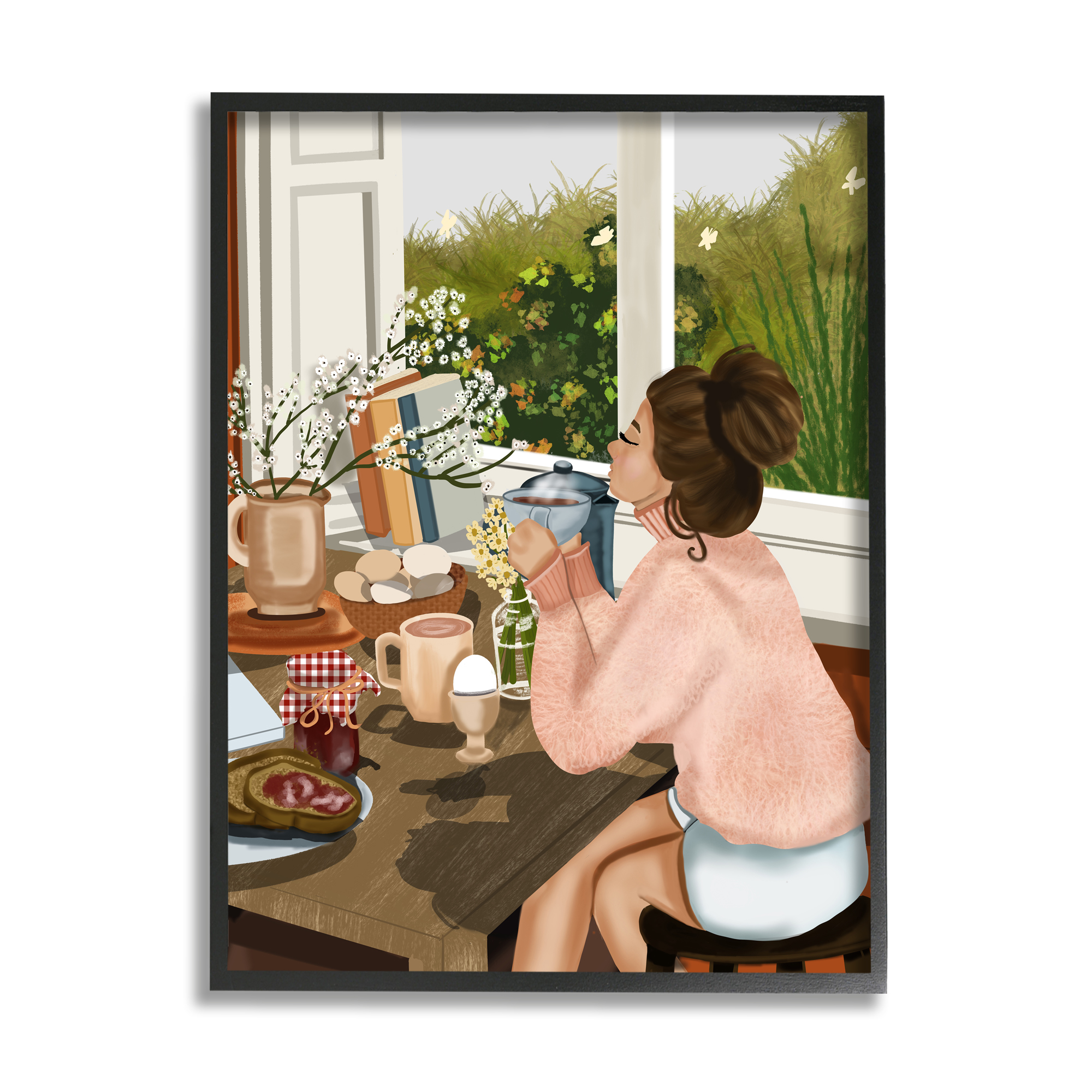 Stupell Industries Girl with Cozy Breakfast Food & Beverage Painting Black Framed Art Print Wall Art, 11 x 14