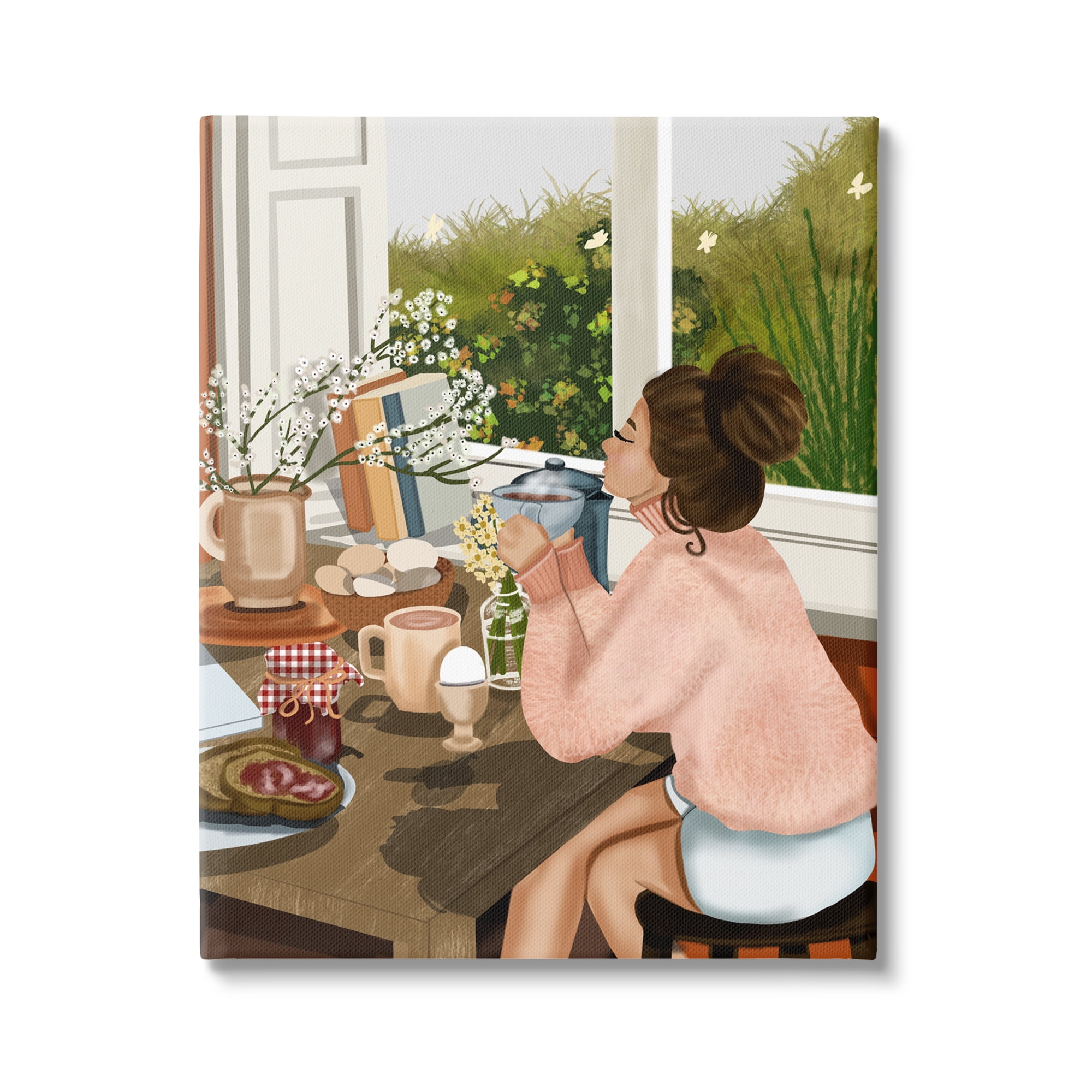Stupell Industries Girl with Cozy Breakfast Food & Beverage Painting Gallery Wrapped Canvas Art Print Wall Art, 24 x 30