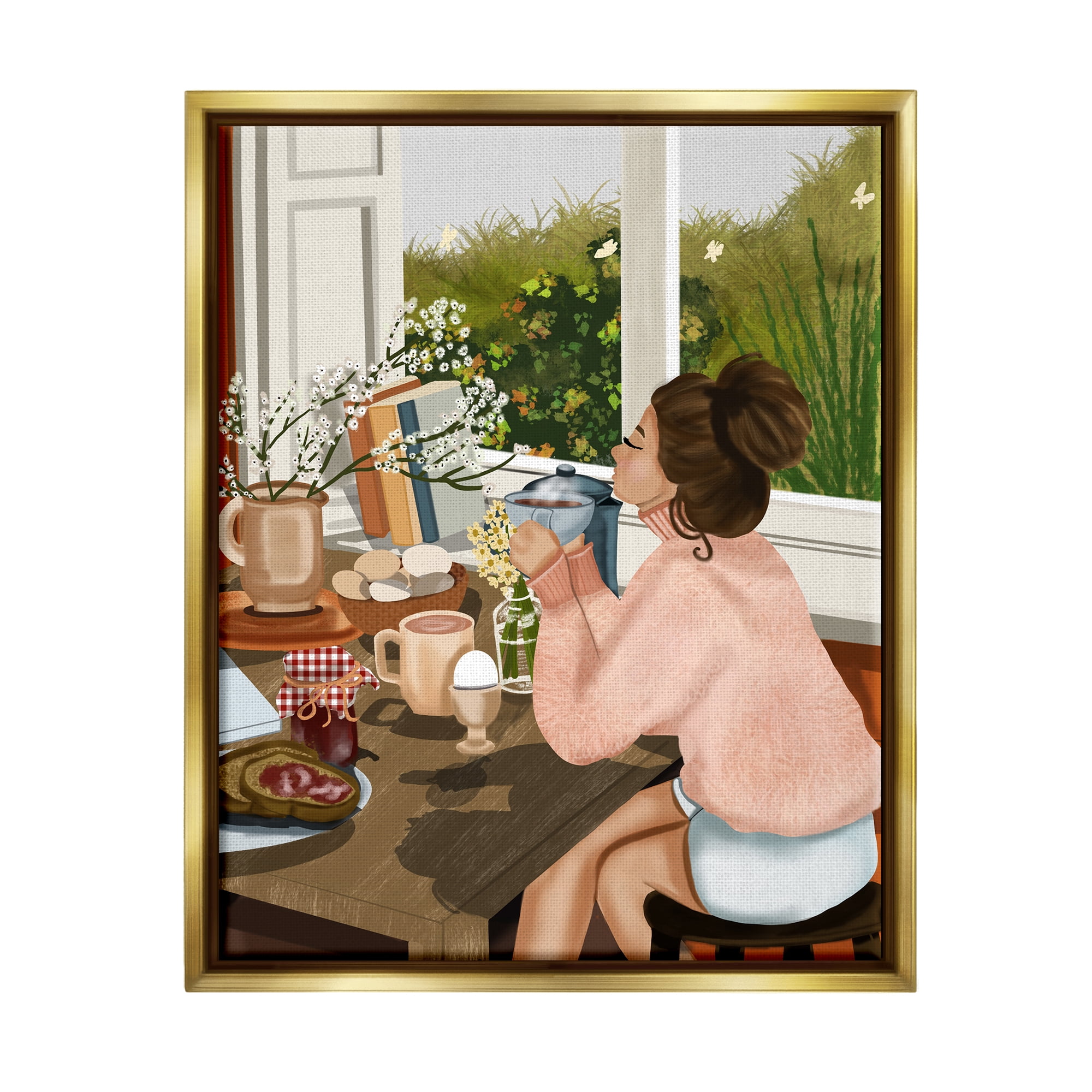 Stupell Industries Girl with Cozy Breakfast Food & Beverage Painting Gold Floater Framed Canvas Art Print Wall Art, 17 x 21
