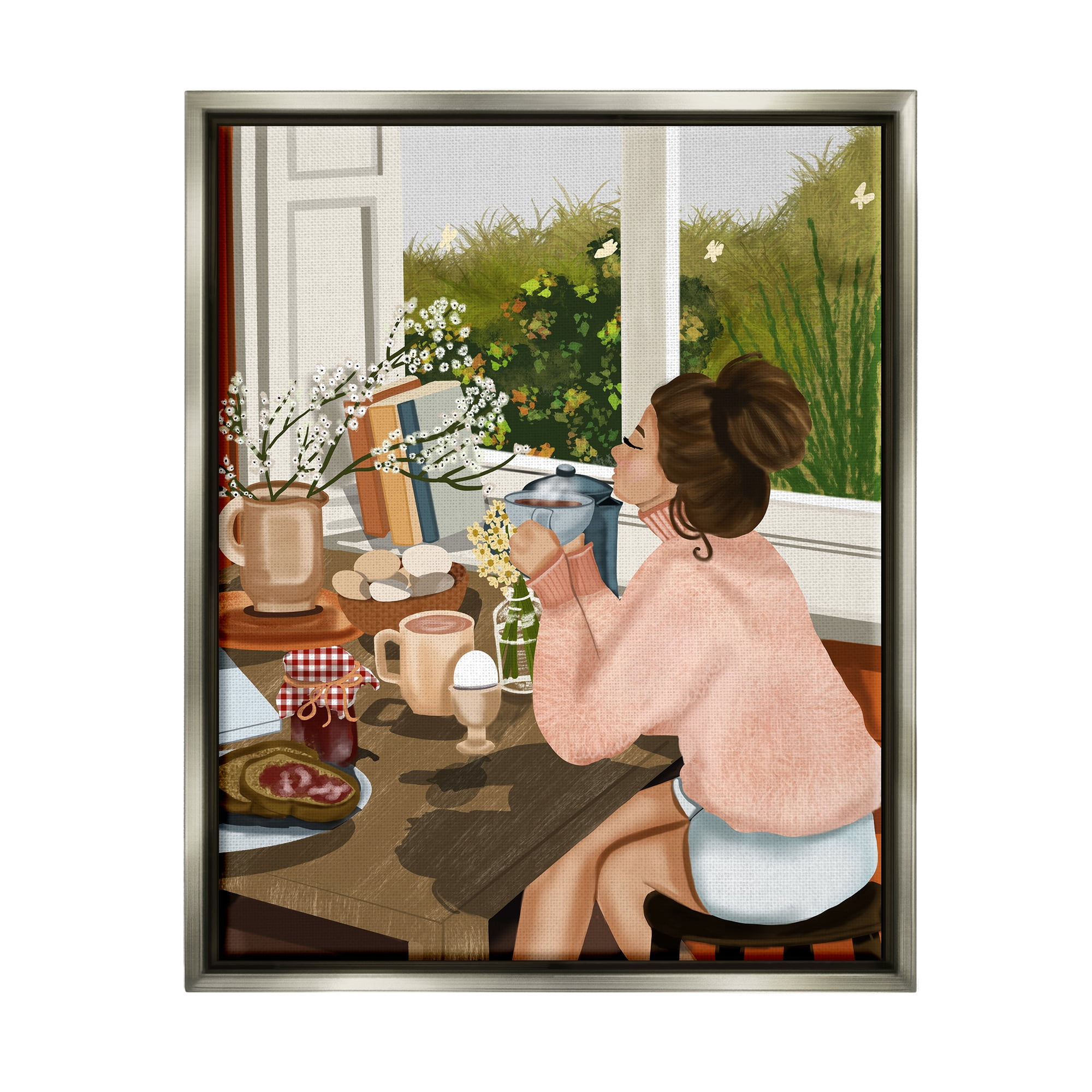 Stupell Industries Girl with Cozy Breakfast Food & Beverage Painting Gray Floater Framed Canvas Art Print Wall Art, 25 x 31