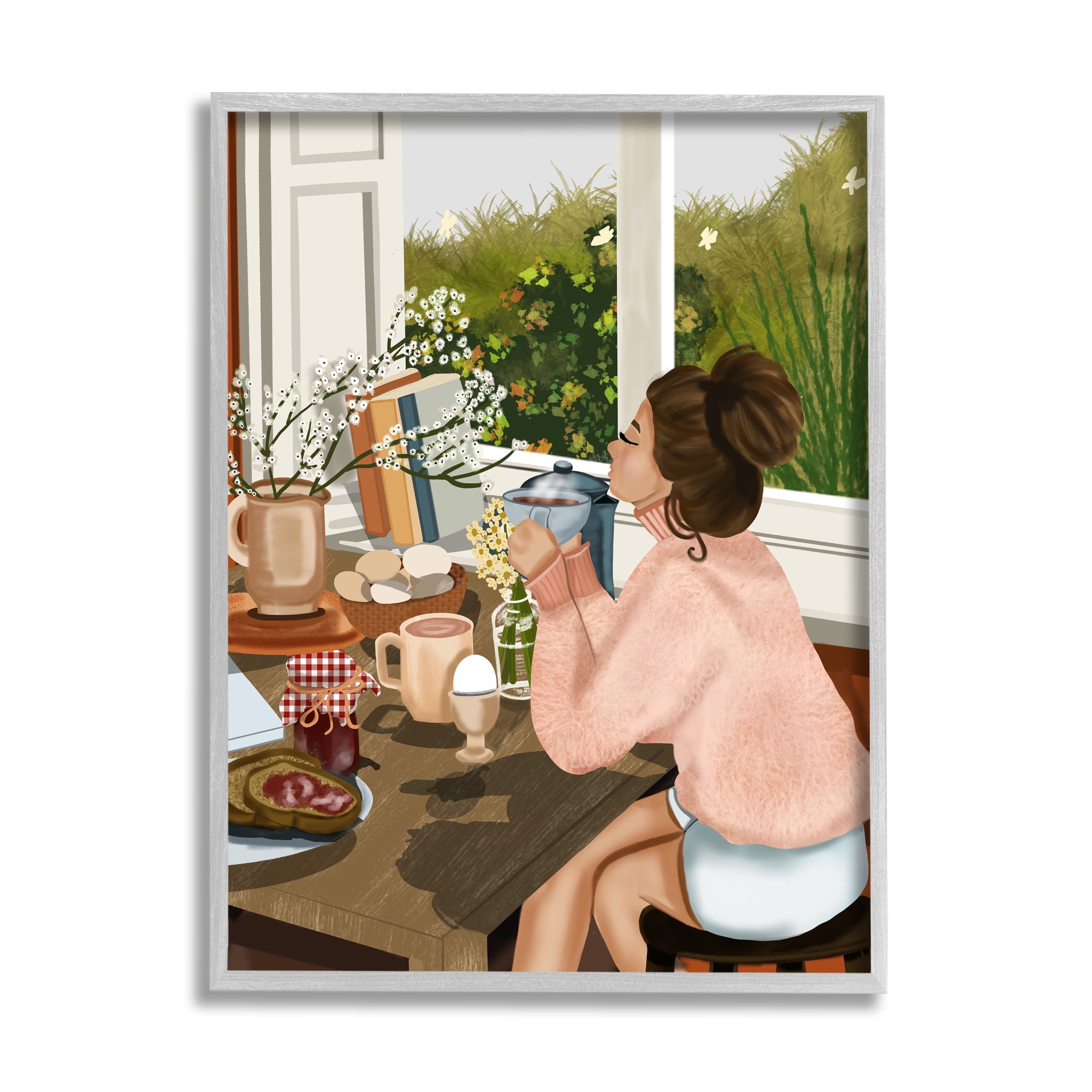 Stupell Industries Girl with Cozy Breakfast Food & Beverage Painting Gray Framed Art Print Wall Art, 16 x 20